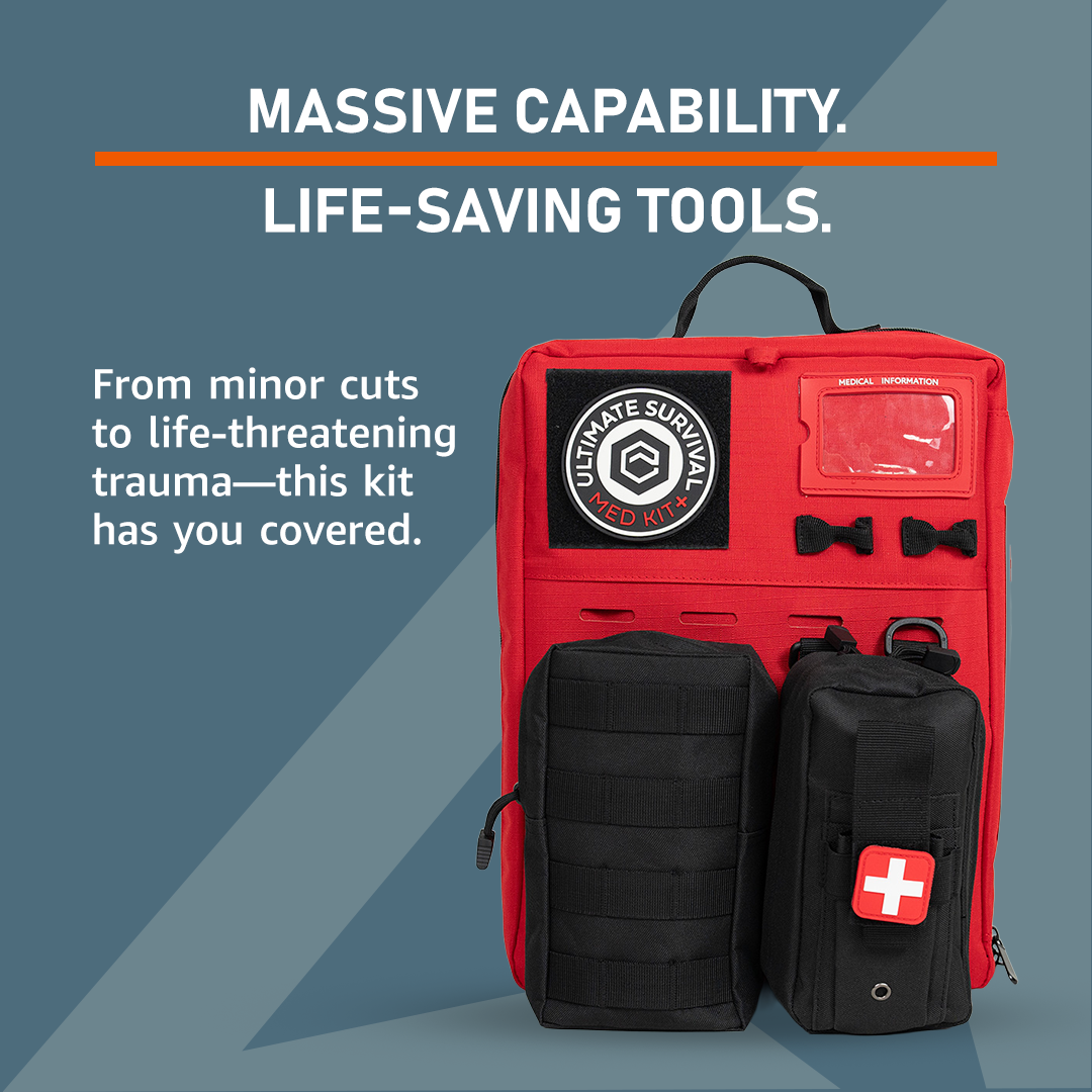 Emerge Survival Ultimate Survival Med Kit with first aid supplies and emergency tools in a compact kit on a white background.