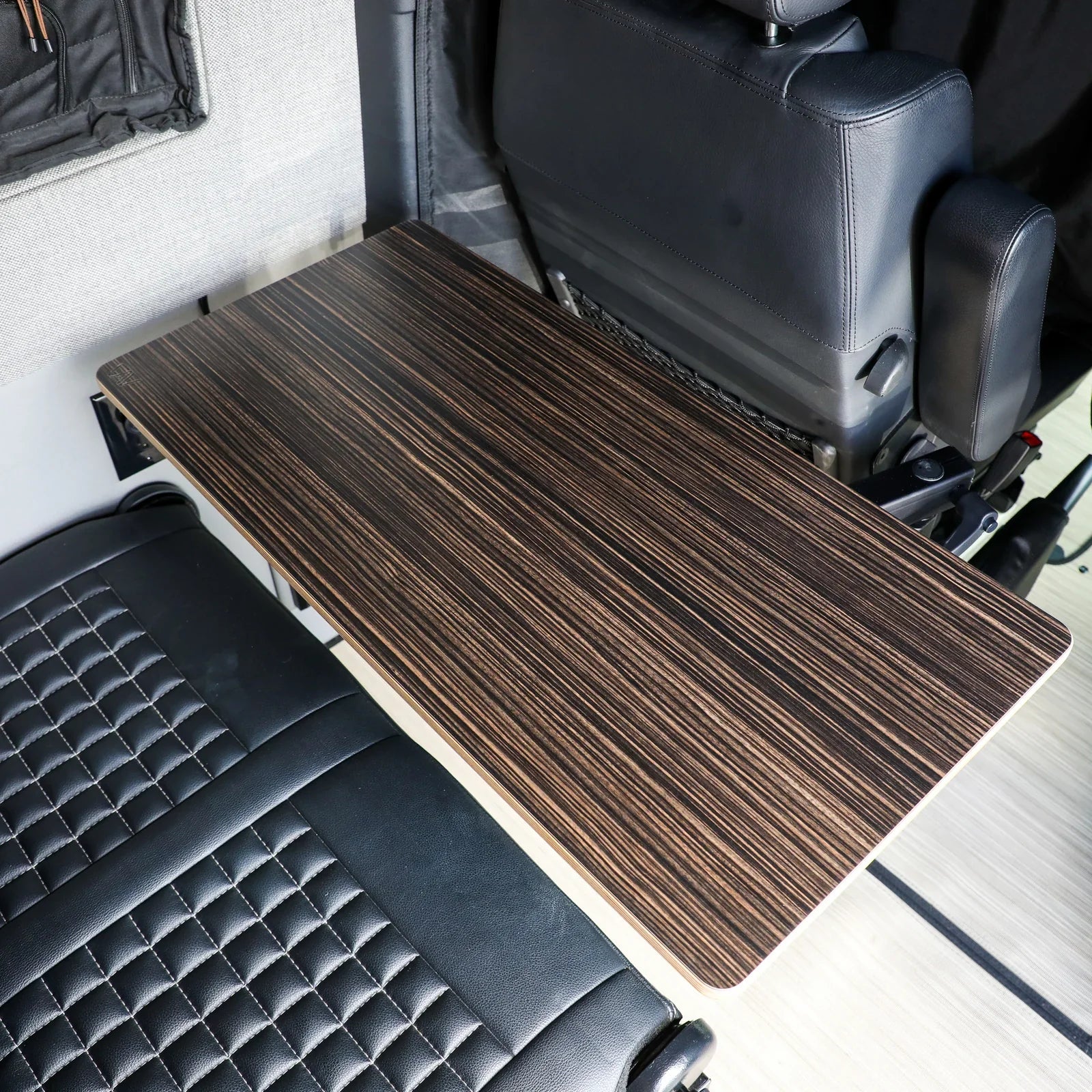 Large universal table top in ebony finish, designed by Canyon Adventure Vans for versatile outdoor and indoor use.