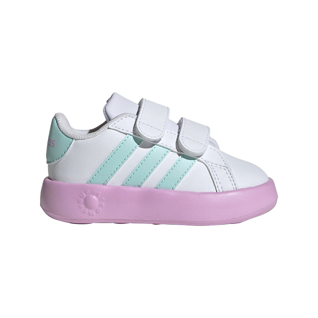 Runnwalk adidas Infante Grand Court 2.0 sneakers in various colors, featuring classic tennis shoe design and white rubber soles.