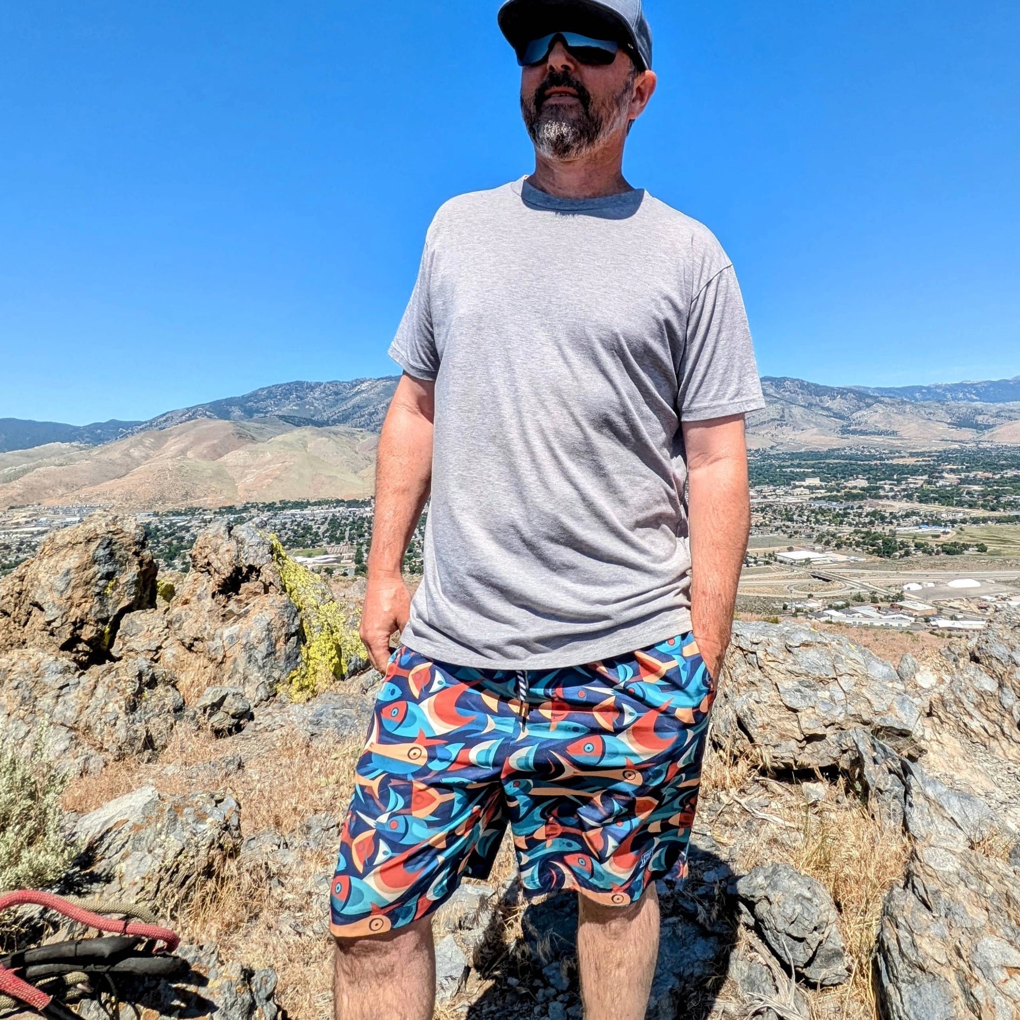 Faultline395 Crowley Stretch Short with fish decorative pattern, casual men's shorts featuring a comfortable fit and stylish design.