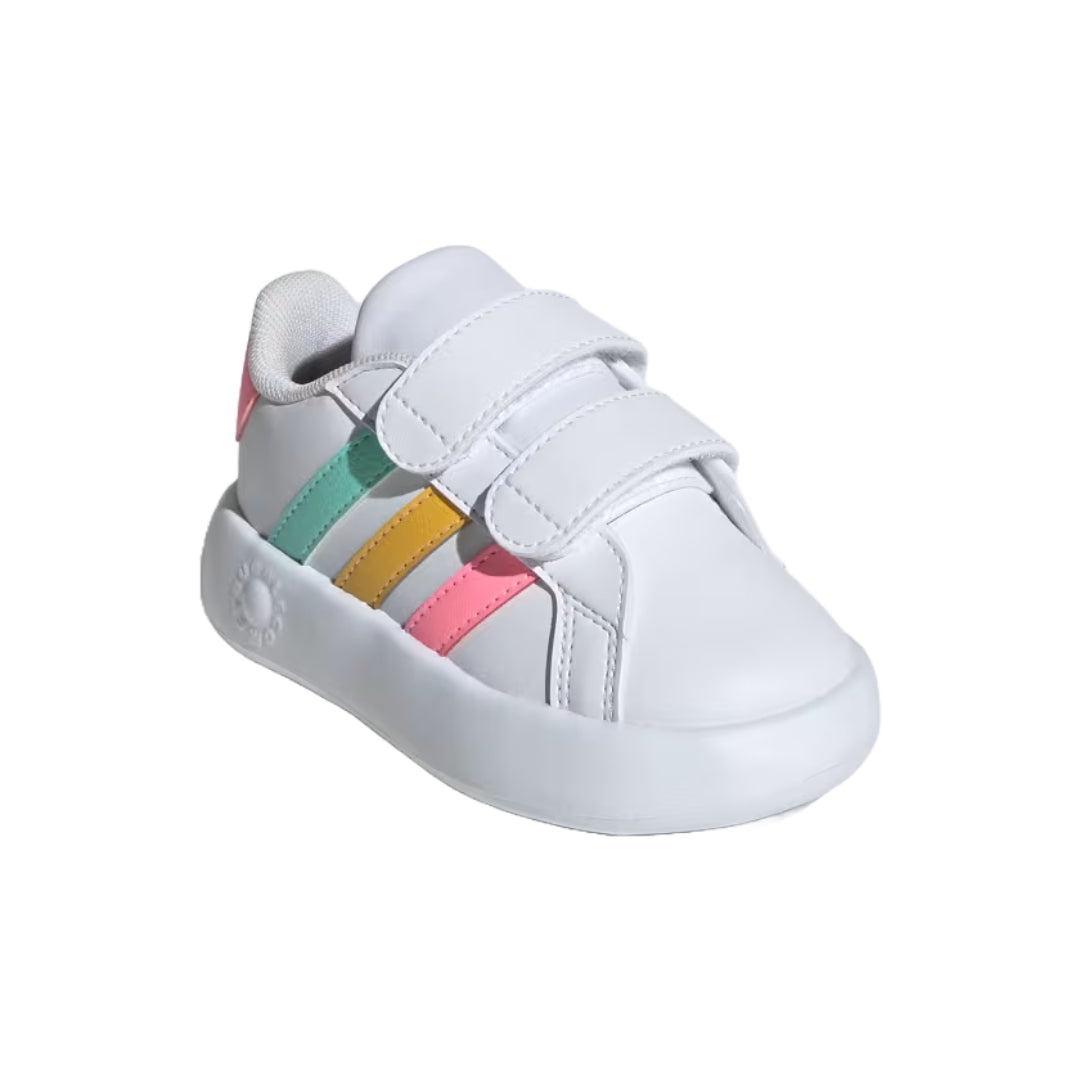 Runwalk adidas Infante Grand Court 2.0 sneakers, side view showing white and black athletic shoes for casual and sports wear.