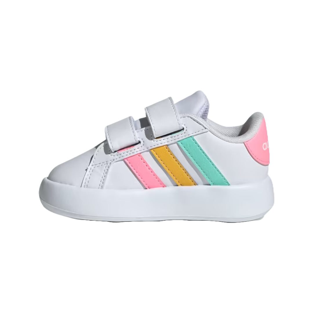 Runwalk adidas Infante Grand Court 2.0 sneakers in various colors, featuring classic tennis shoe design and white rubber soles.