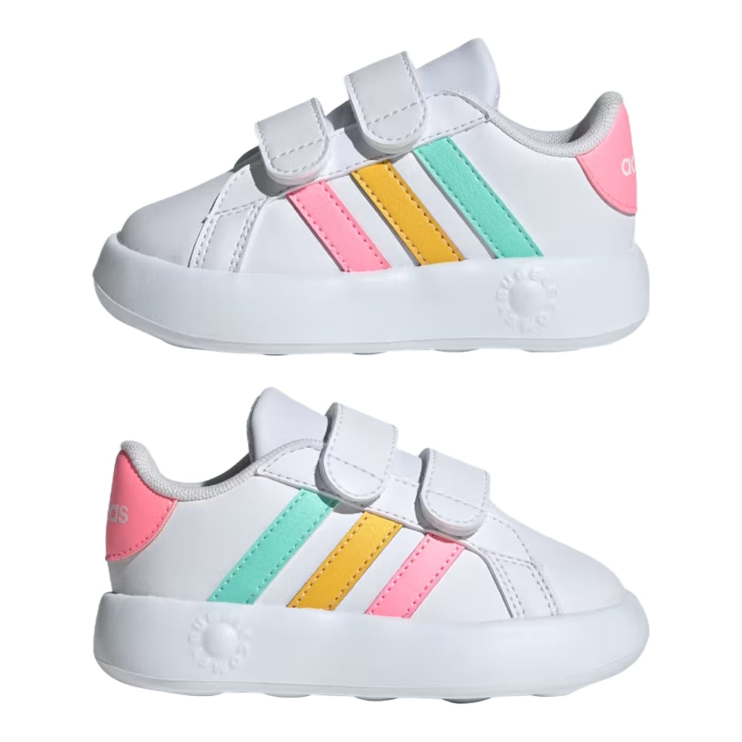 Runwalk adidas Infante Grand Court 2.0 sneakers in various colors, featuring classic tennis shoe design and cushioned sole.