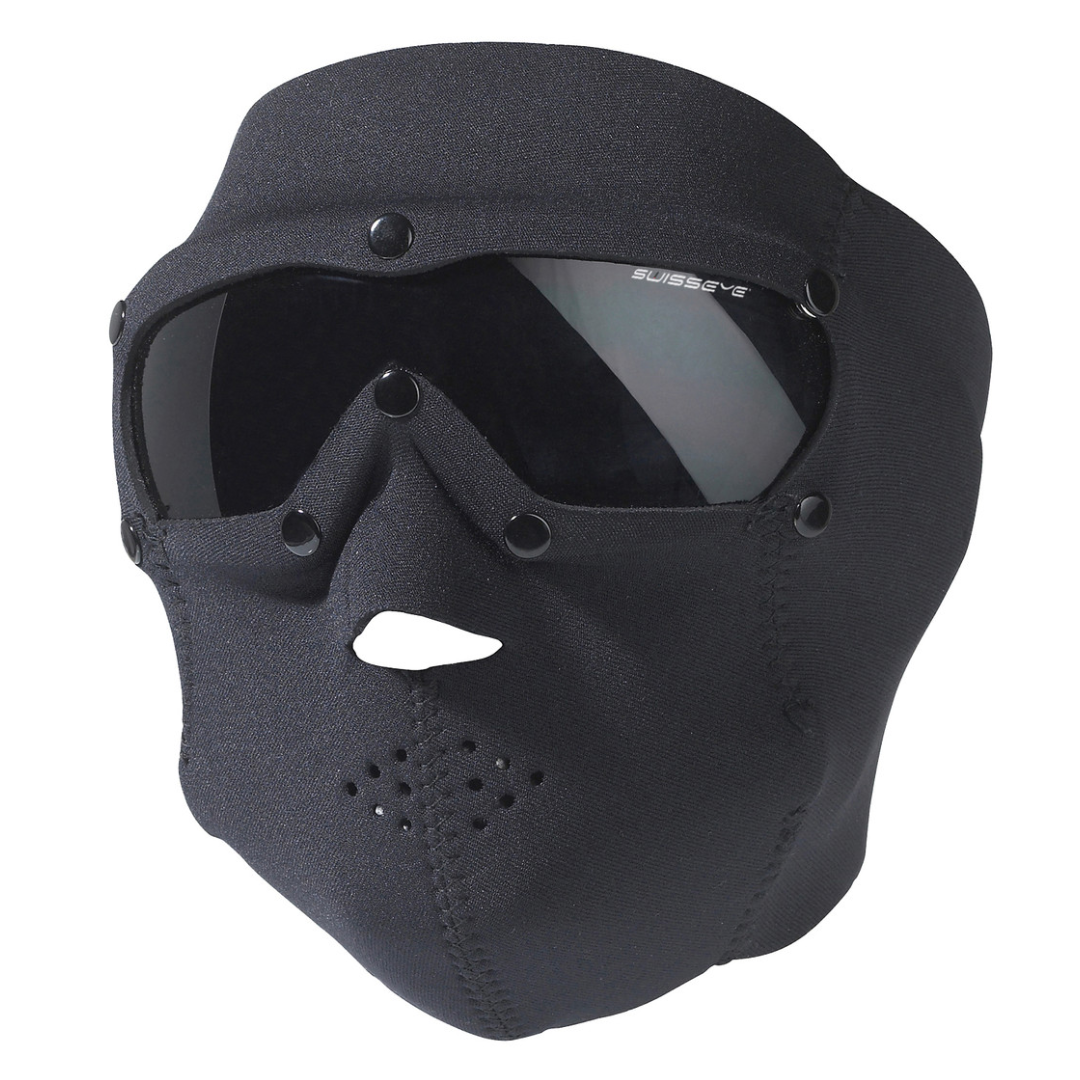 SwissEye black neoprene mask with ballistic smoke lenses, ideal for outdoor activities and protection.