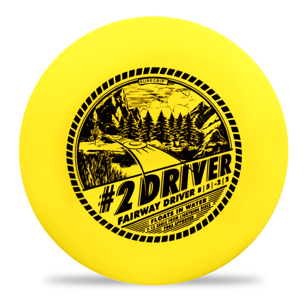 Lightning Sure Grip #2 Driver golf disc by Lightning Golf Discs, showing the aerodynamic design and vibrant branding.