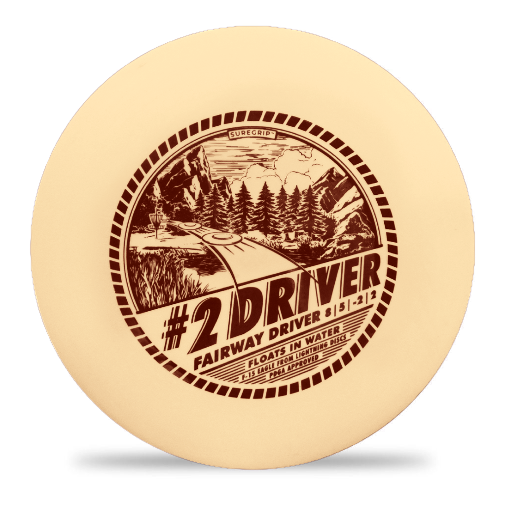 Lightning Sure Grip #2 Driver golf disc by Lightning Golf Discs, showing the aerodynamic shape and vibrant design on the disc surface.