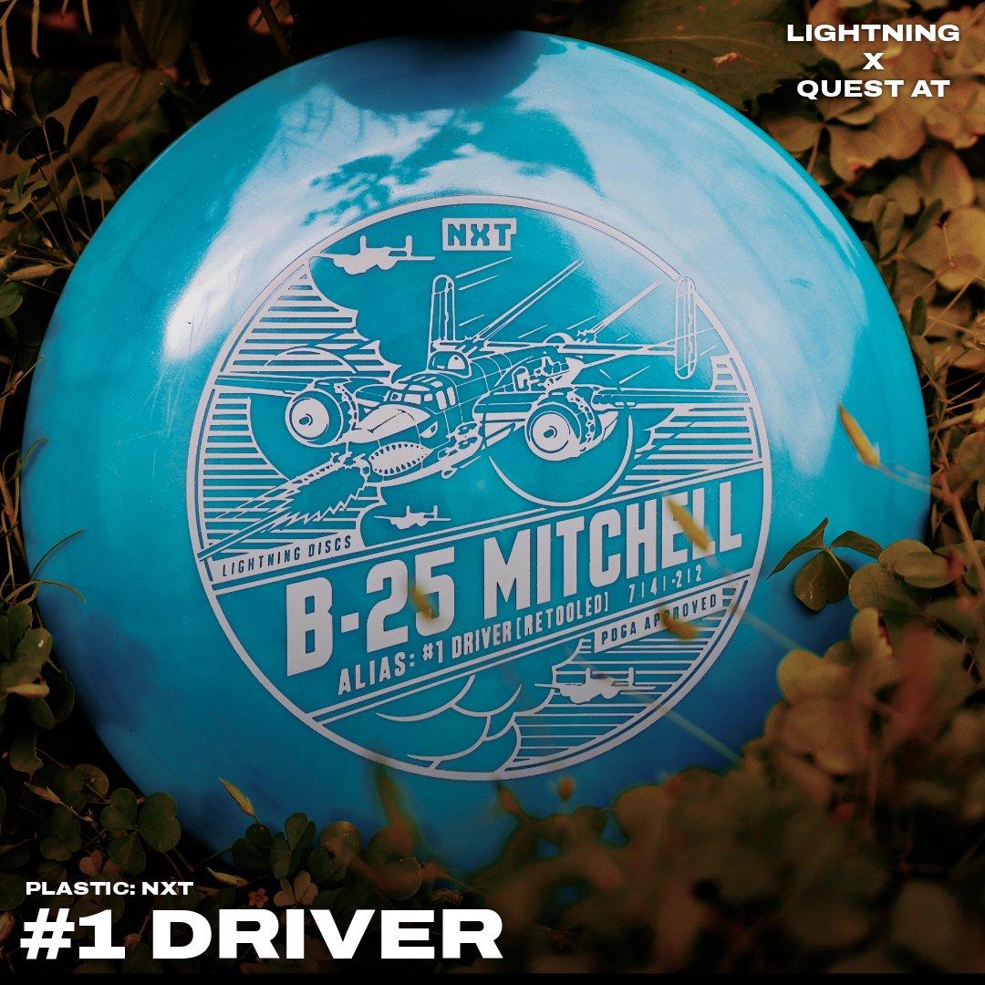 Gotta Go Gotta Throw Lightning NXT B-25 Mitchell #1 fairway golf disc driver on a white background.