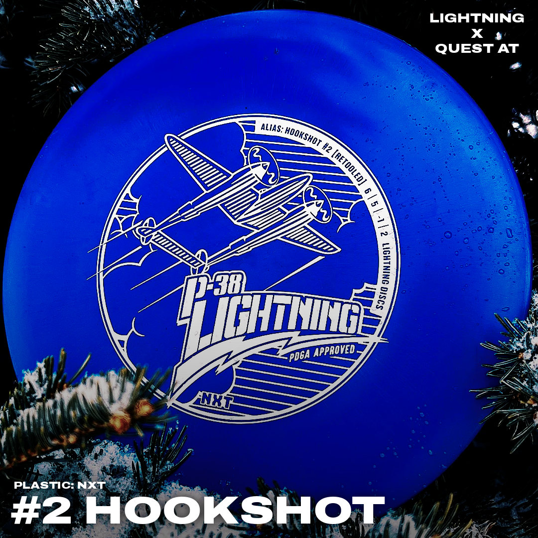 Lightning NXT P-38 #2 Hookshot Fairway Driver golf disc from Lightning Golf Discs, showing the disc's top view with branding and design.