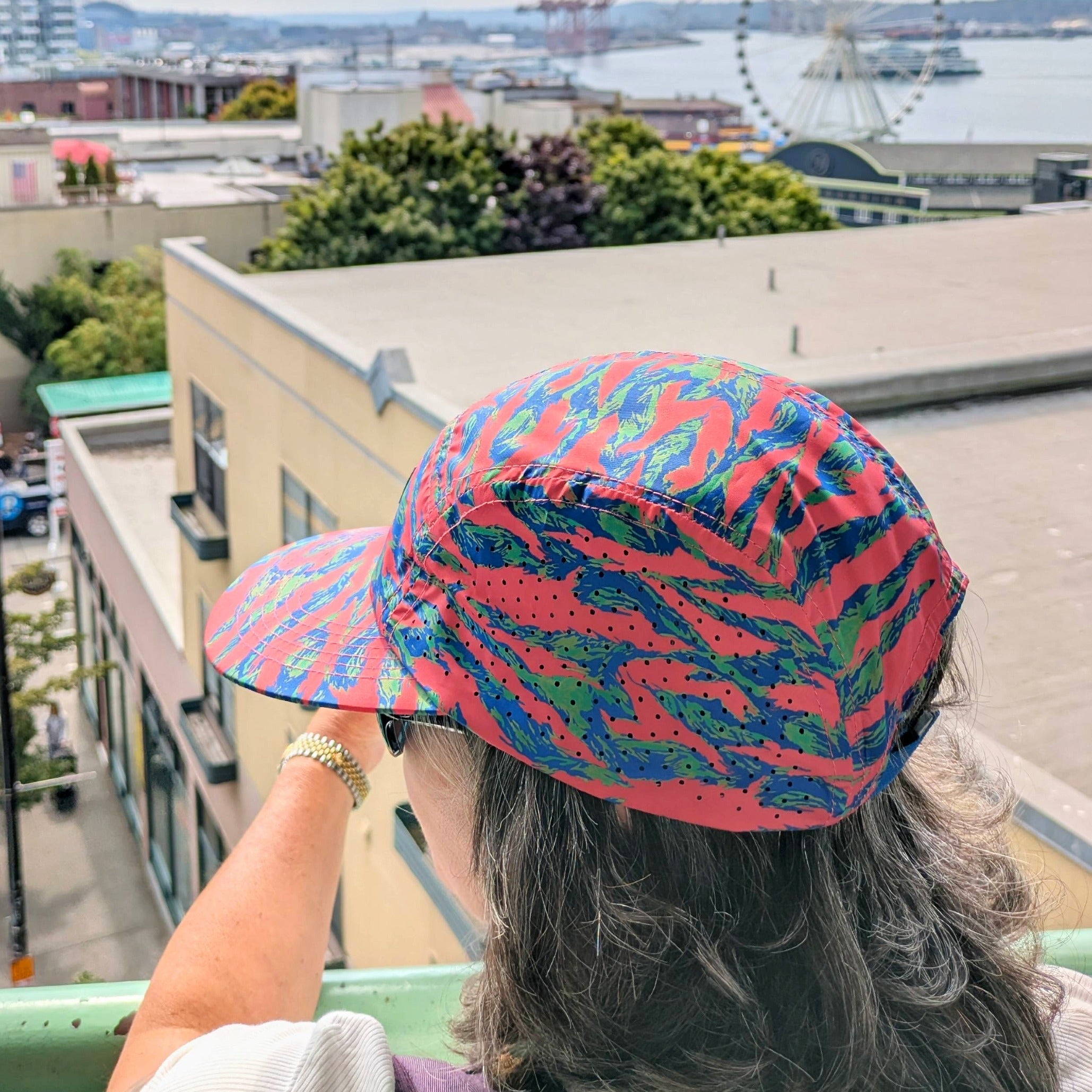 Pink tiger camo Bridgeport 5-panel camper hat by Faultline395, showing the stylish camouflage pattern and structured design.