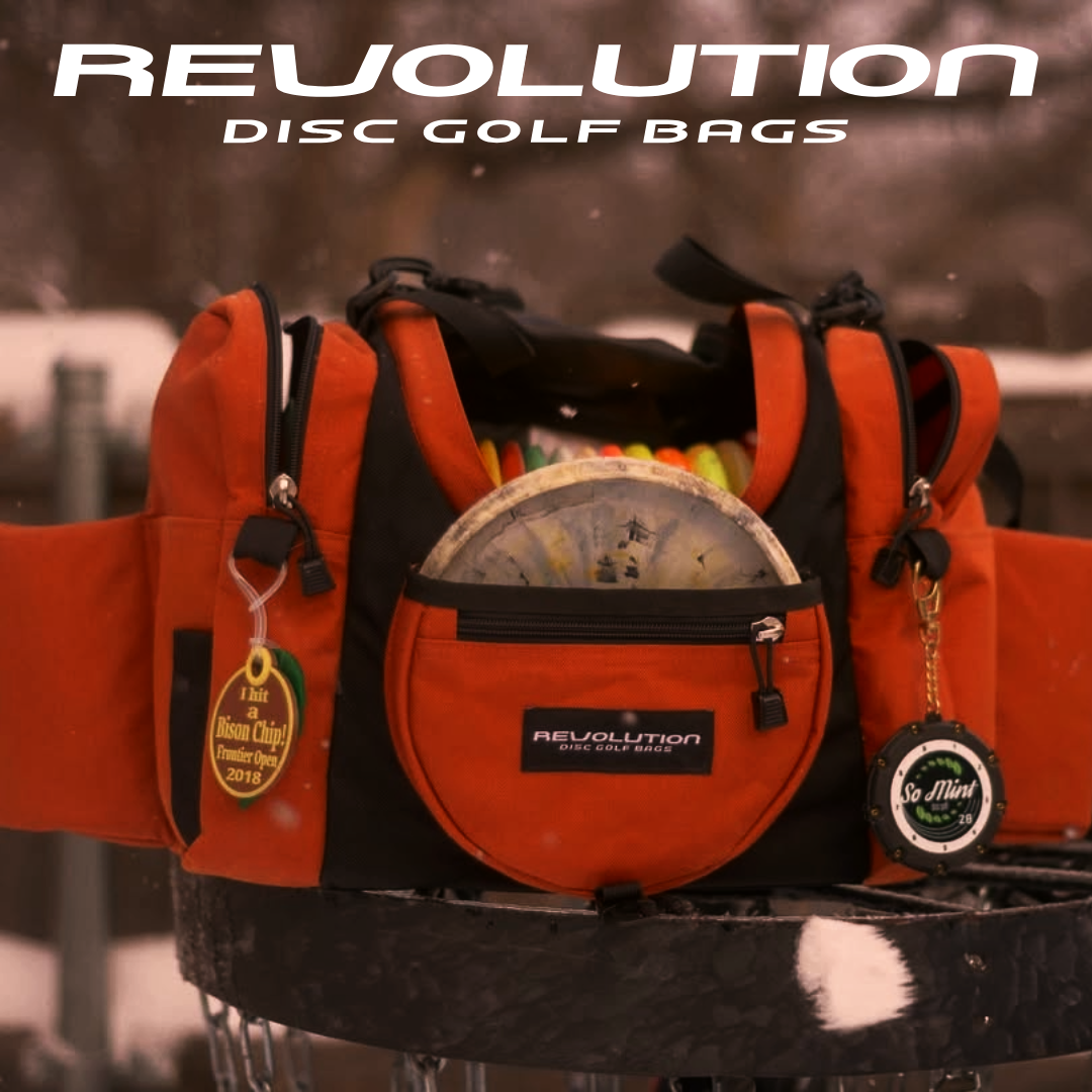 Gotta Go Gotta Throw Revolution Carolina Team V3 disc golf bag in rust color with multiple compartments and adjustable straps.