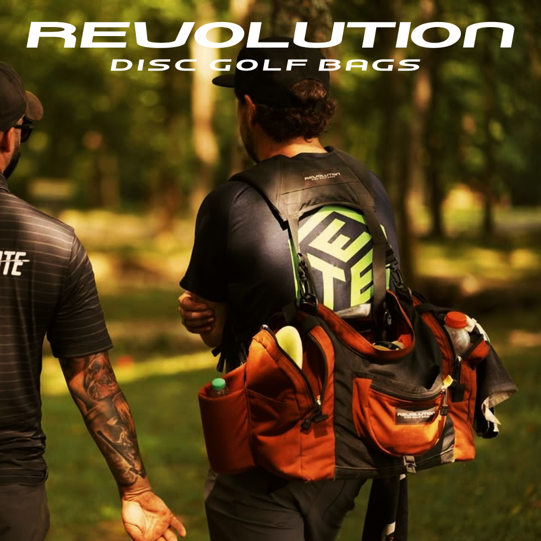 Gotta Go Gotta Throw Revolution Carolina Team V3 disc golf bag in rust color with multiple compartments and sturdy straps.
