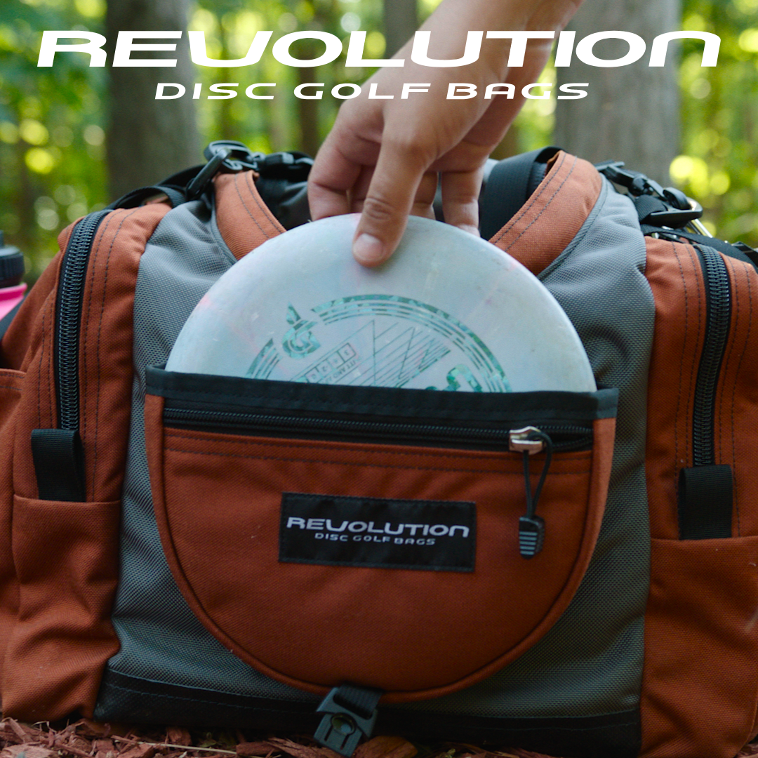Gotta Go Gotta Throw Revolution Carolina Team V3 disc golf bag in rust color, with multiple compartments and adjustable straps.