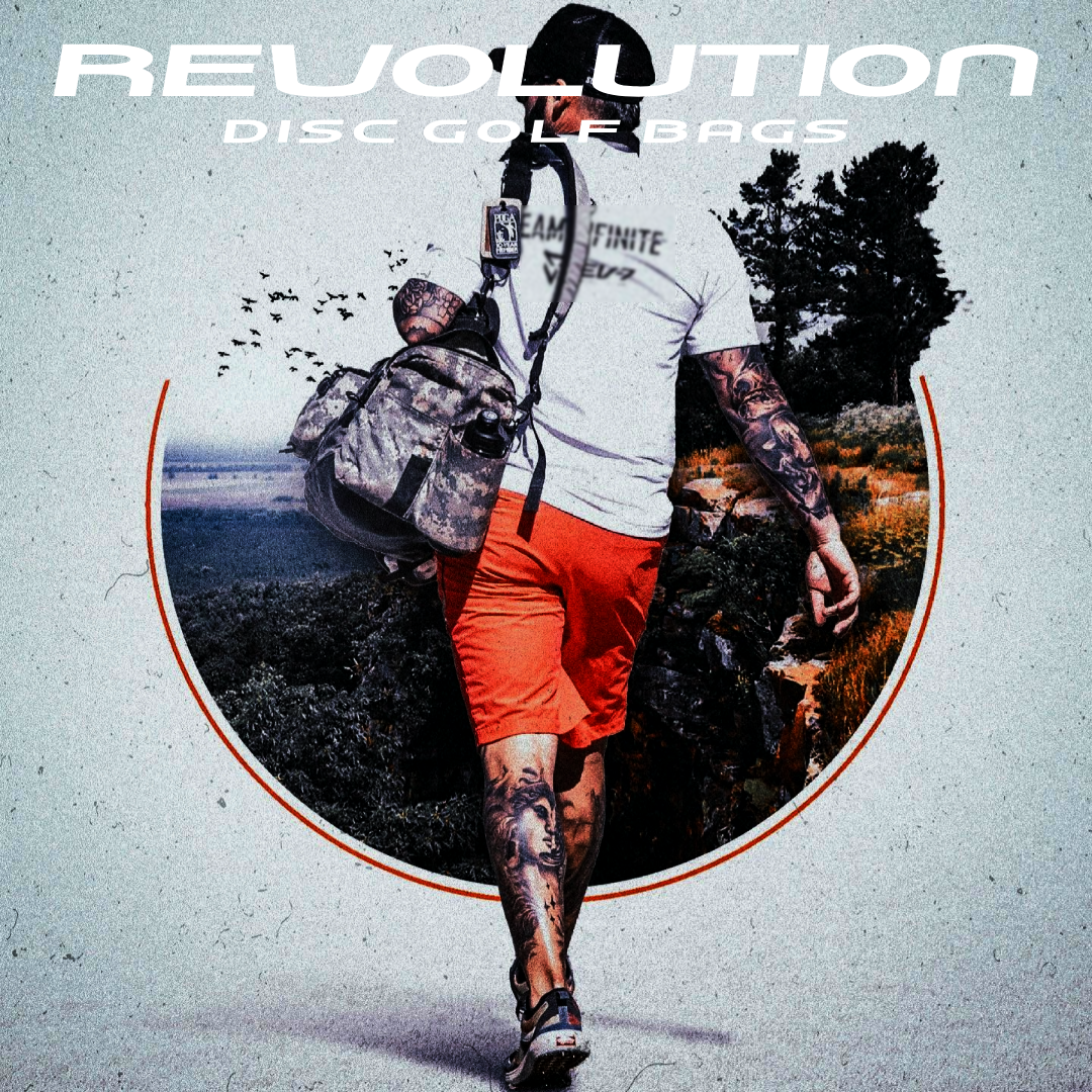Gotta Go Gotta Throw Revolution Carolina Team V3 disc golf bag in rust, with multiple compartments and adjustable straps.