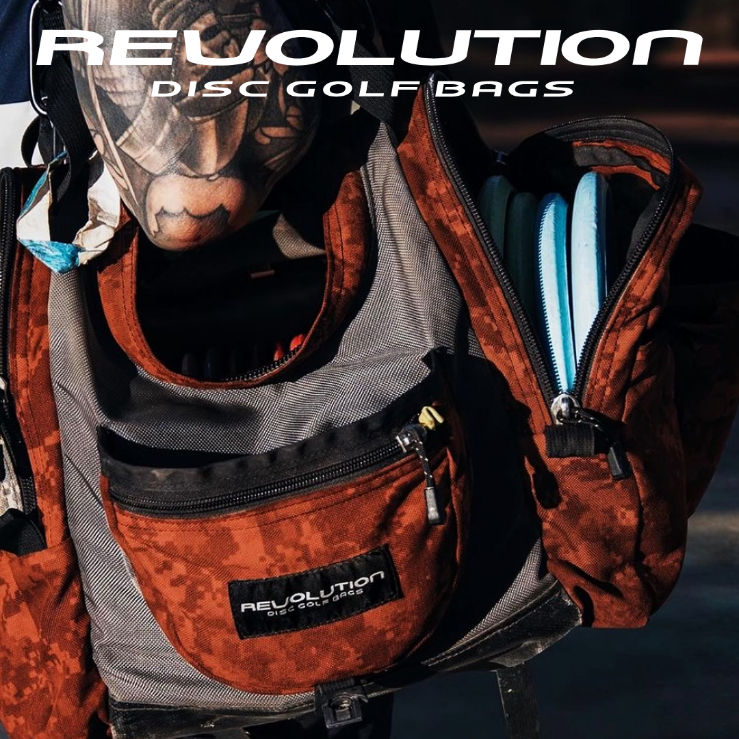 Gotta Go Gotta Throw Revolution Carolina Team V3 disc golf bag in rust color with multiple compartments and adjustable straps.