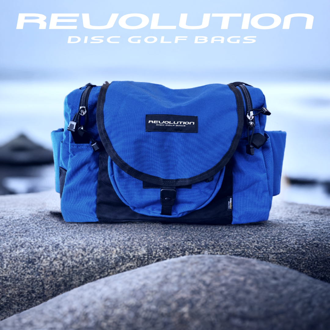 Gotta Go Gotta Throw Revolution Carolina Team V3 disc golf bag in sapphire blue with multiple compartments and adjustable straps.