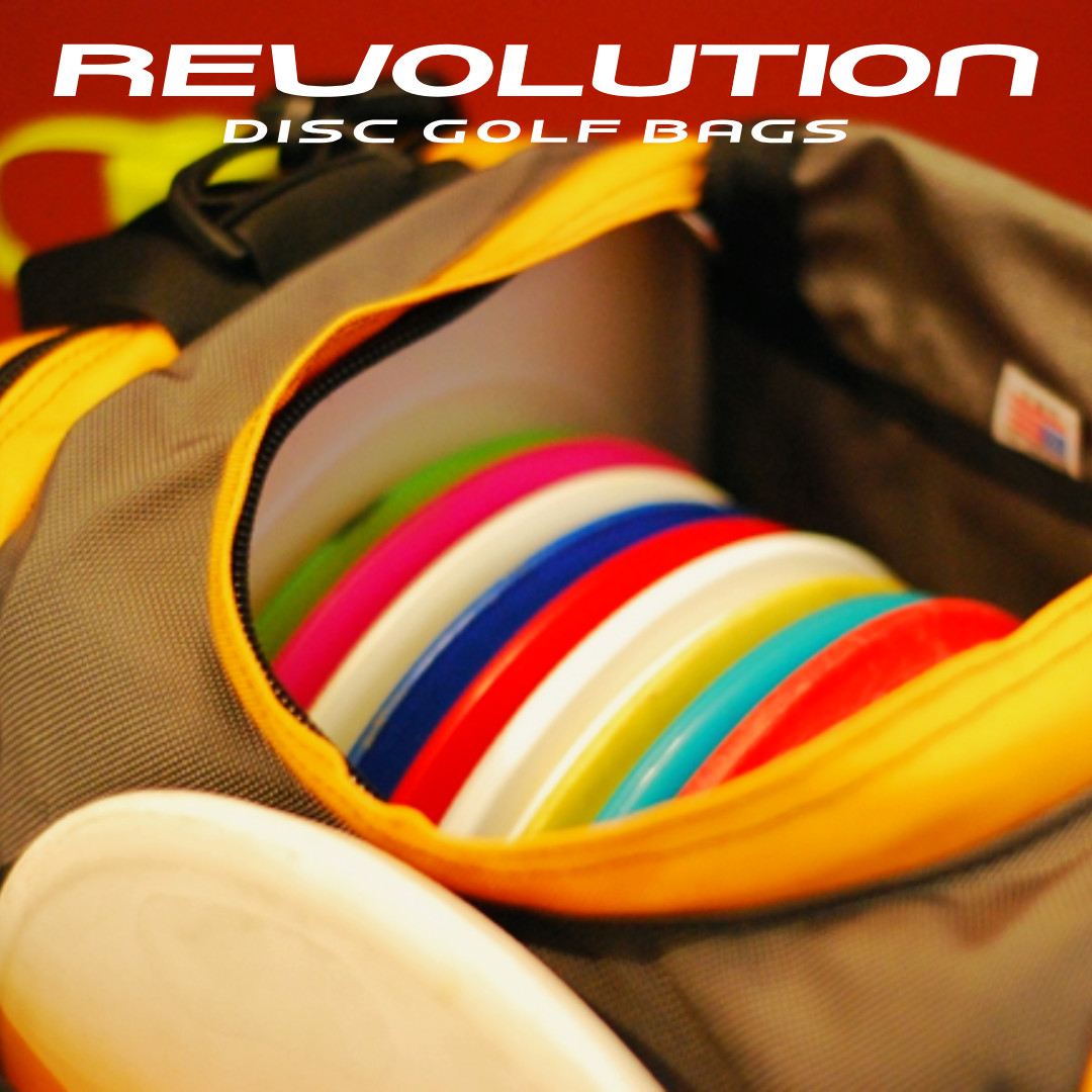 Gotta Go Gotta Throw Revolution Carolina Team V3 disc golf bag in Golden Dream, with multiple compartments and adjustable straps.