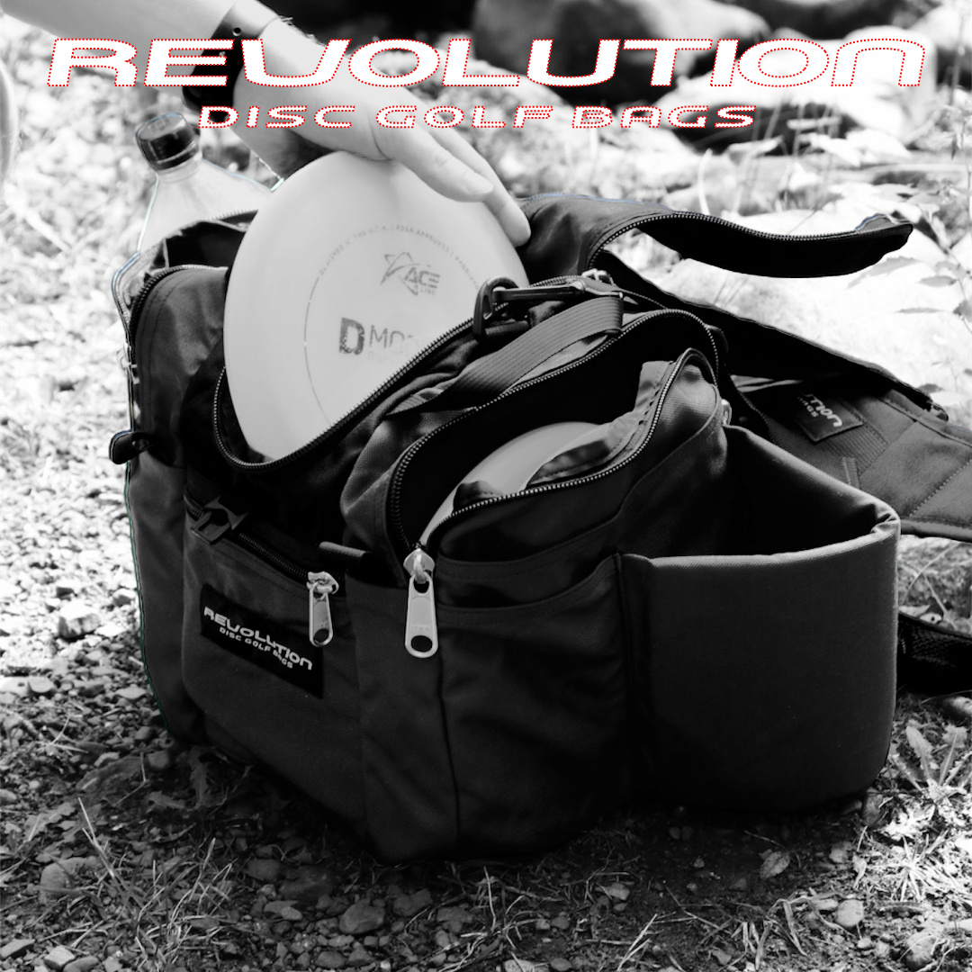 Gotta Go Gotta Throw Revolution Mini Deluxe V3 disc golf bag in forest green with multiple compartments and padded straps