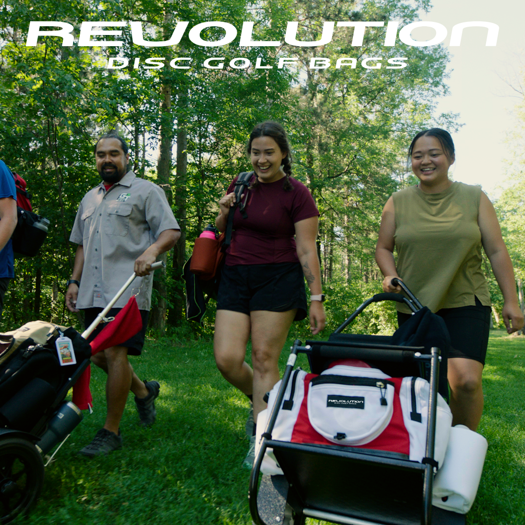 Gotta Go Gotta Throw Revolution Carolina Team V3 disc golf bag in rust color with multiple compartments and adjustable straps.