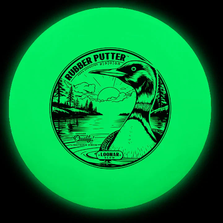 Lightning Loonar Glow Rubber Putter golf disc with vibrant glow-in-the-dark design by Lightning Golf Discs, shown on a flat surface