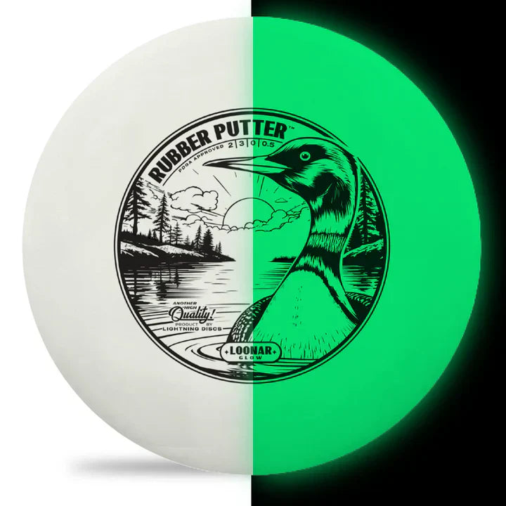 Lightning Loonar Glow Rubber Putter golf disc from Lightning Golf Discs, showcasing the disc's luminous rubber surface and design.