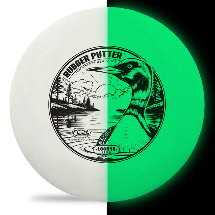Gotta Go Gotta Throw Lightning Loonar Glow Rubber Putter golf disc, bright glow rubber surface with logo and textured grip.