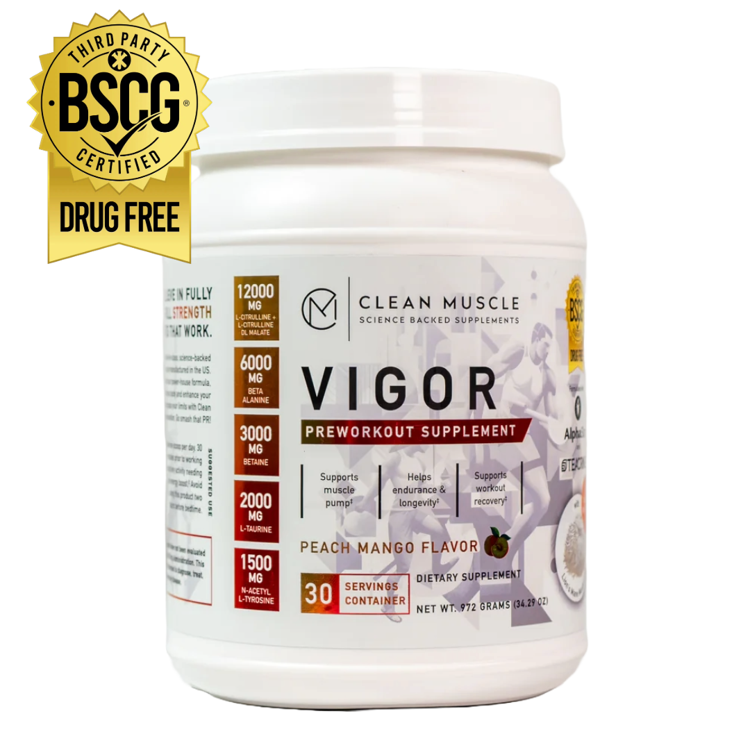 VIGOR Pre-Workout supplement container by Americana Pipedream Apparel with a vibrant label and scoop for easy serving.