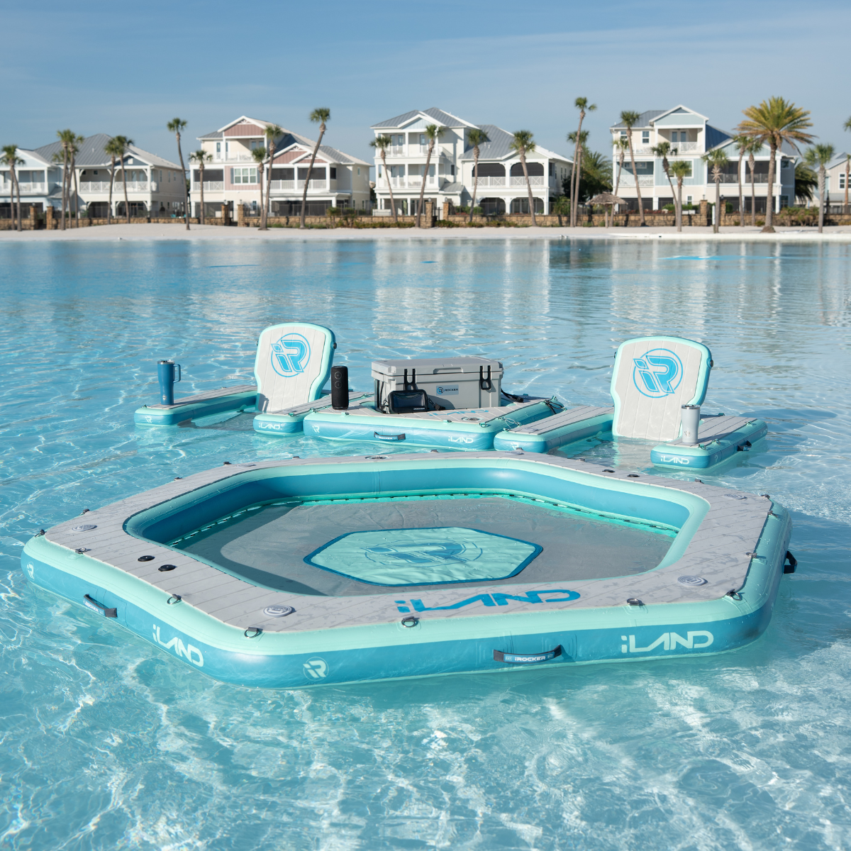 iLAND® 8' inflatable float from iROCKER US, featuring a sleek design and bright colors, perfect for relaxing on the water.