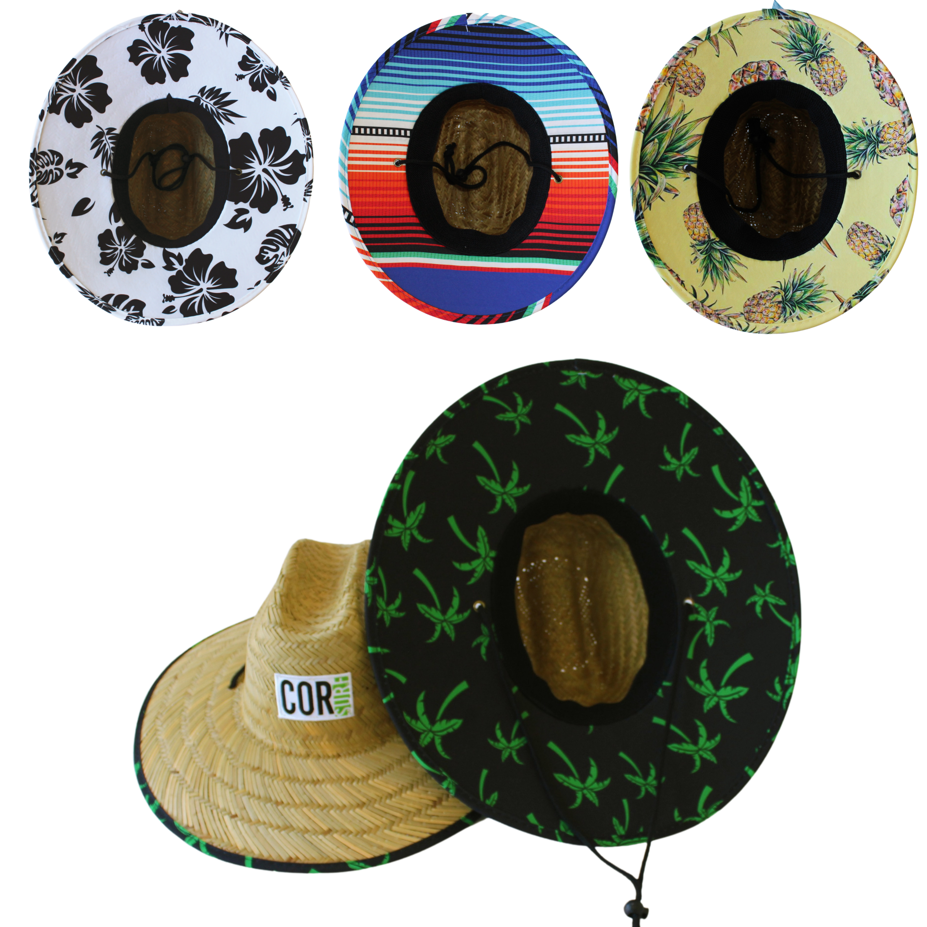 COR Surf straw lifeguard sun hat for adults with wide brim and adjustable strap, ideal for beach and outdoor sun protection.