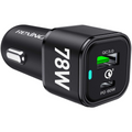 Rexing Jetspeed black 78W PowerDelivery+ USB-C/USB car charger connected to vehicle power outlet with USB cables.