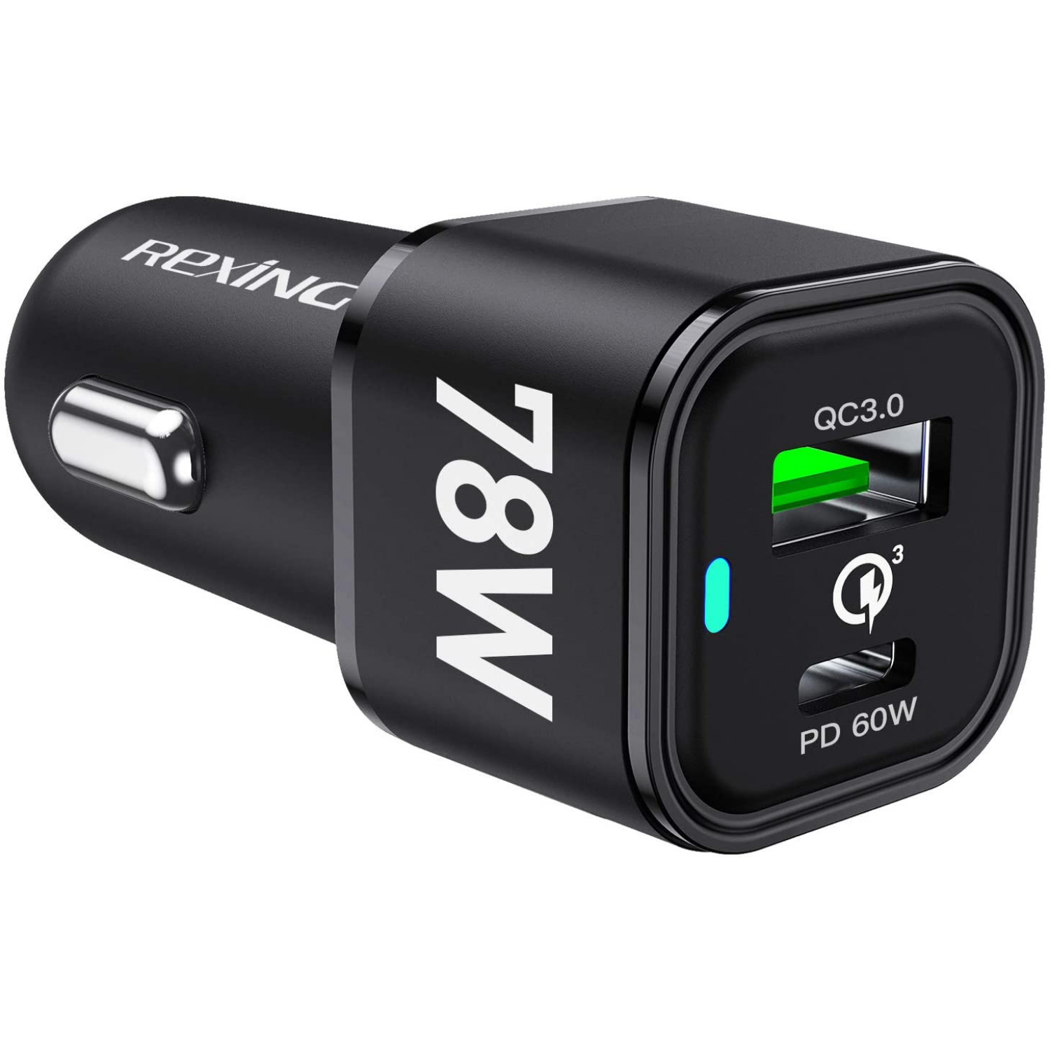 Rexing Jetspeed black 78W PowerDelivery+ USB-C/USB car charger connected to vehicle power outlet with USB cables.