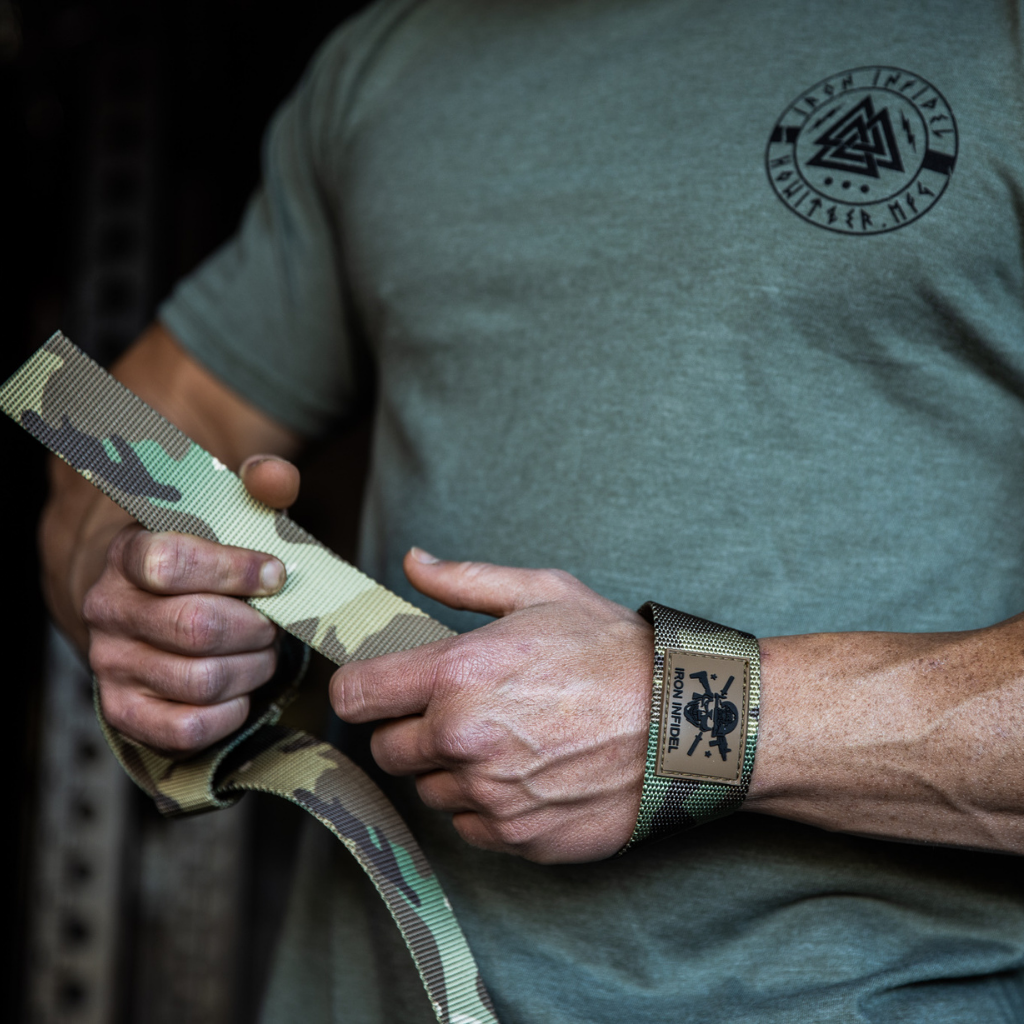 Iron Infidel lifting straps for weightlifting and strength training, featuring durable adjustable straps and padded grips.