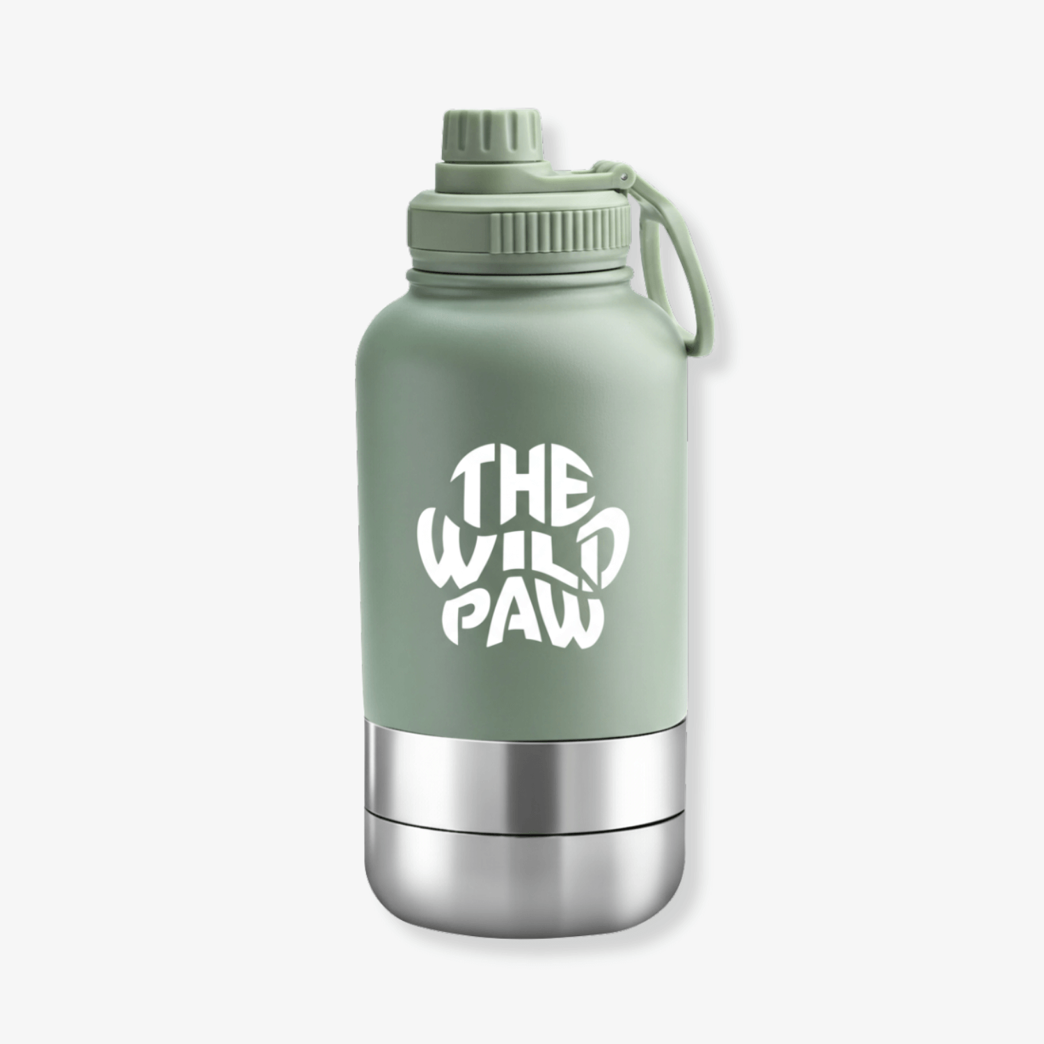 WildSip 3-in-1 dog water bottle by The Wild Paw, showing the portable bottle with a built-in water dish for pets.