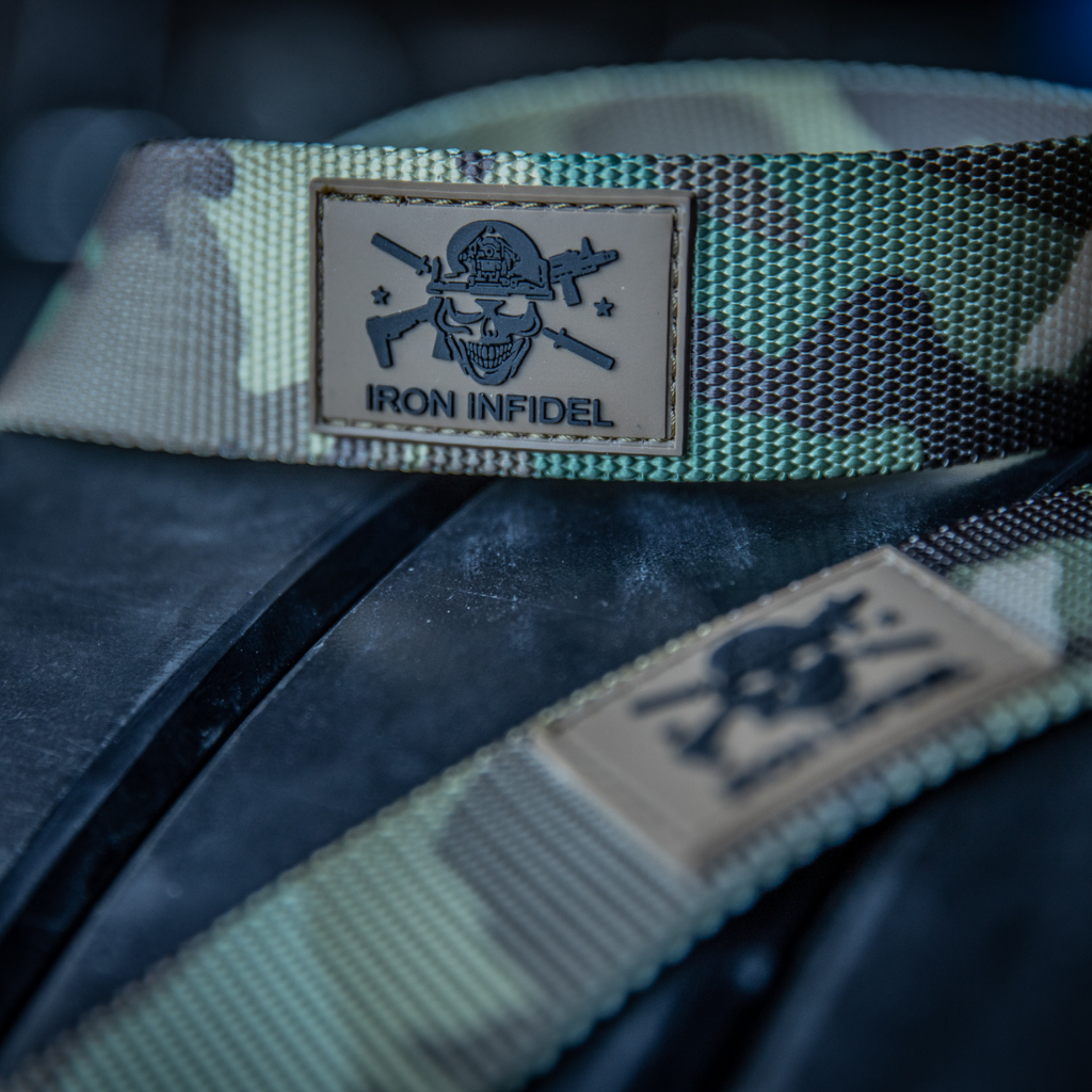 Black Iron Infidel lifting straps with padded wrist support for improved grip during heavy lifting workouts.