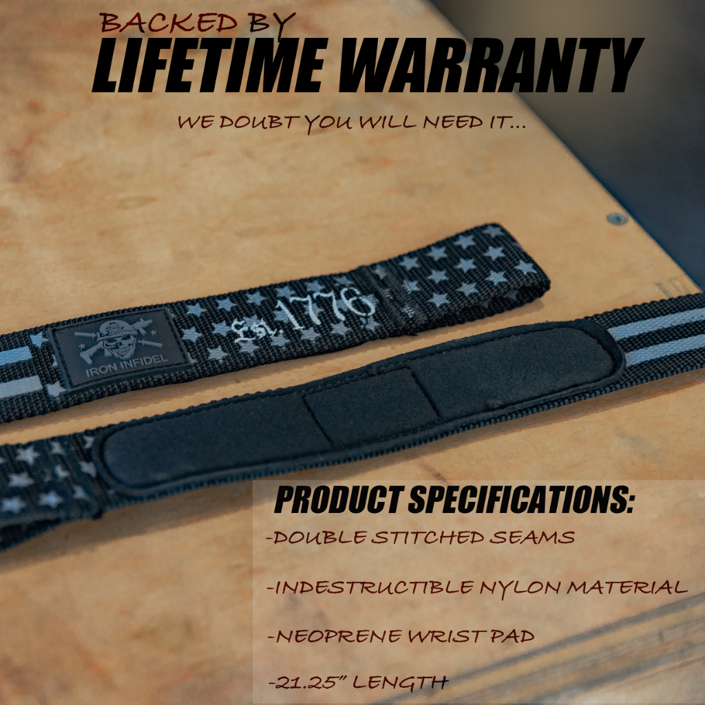 Iron Infidel lifting straps shown in black and red, designed to provide grip support during weightlifting and strength training.