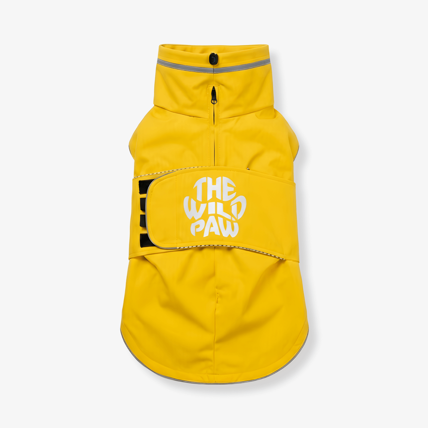 WildGuard rain coat by The Wild Paw, shown in bright yellow with waterproof fabric and adjustable hood for outdoor protection.