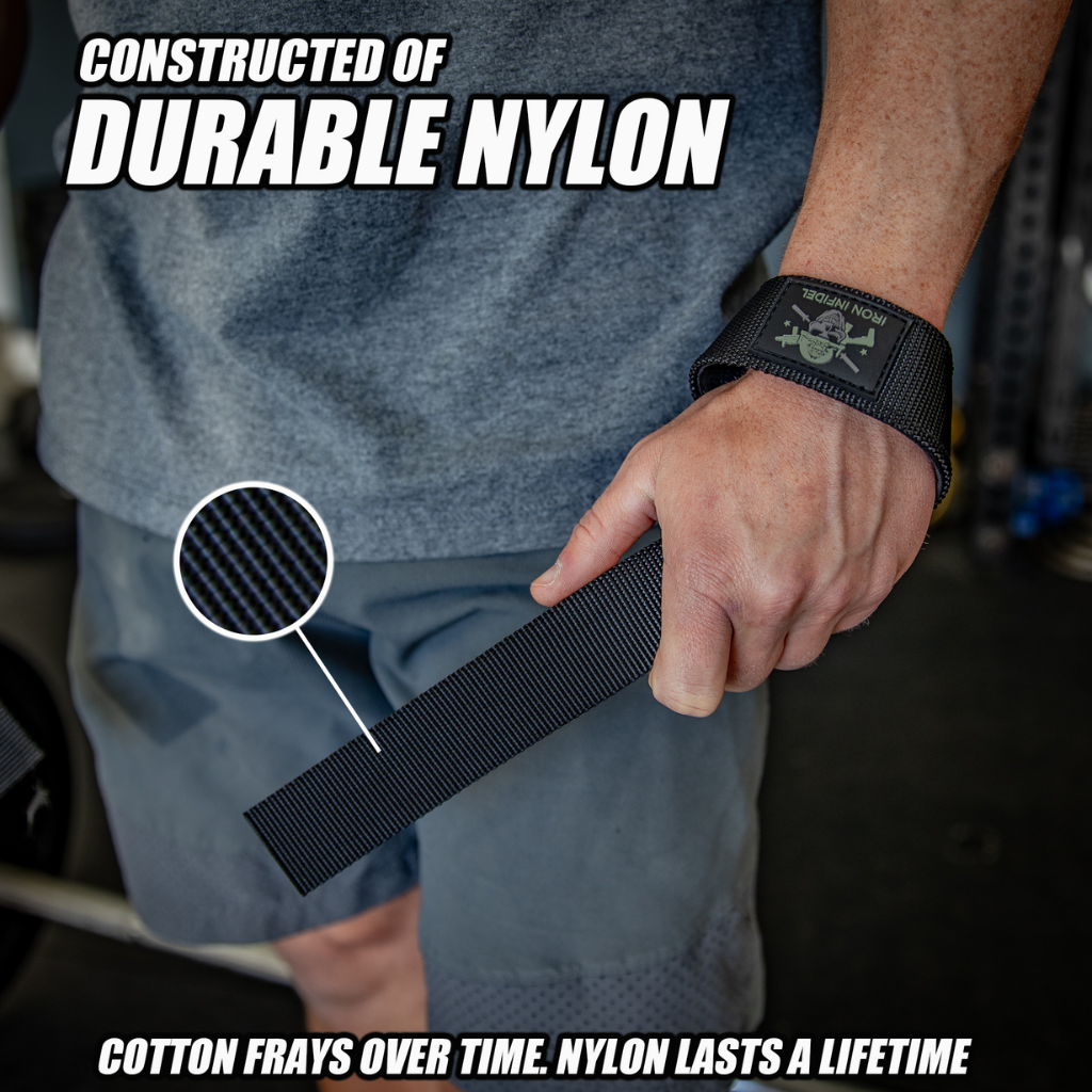 Iron Infidel lifting straps for weightlifting, featuring durable black nylon material with reinforced stitching for secure grip.