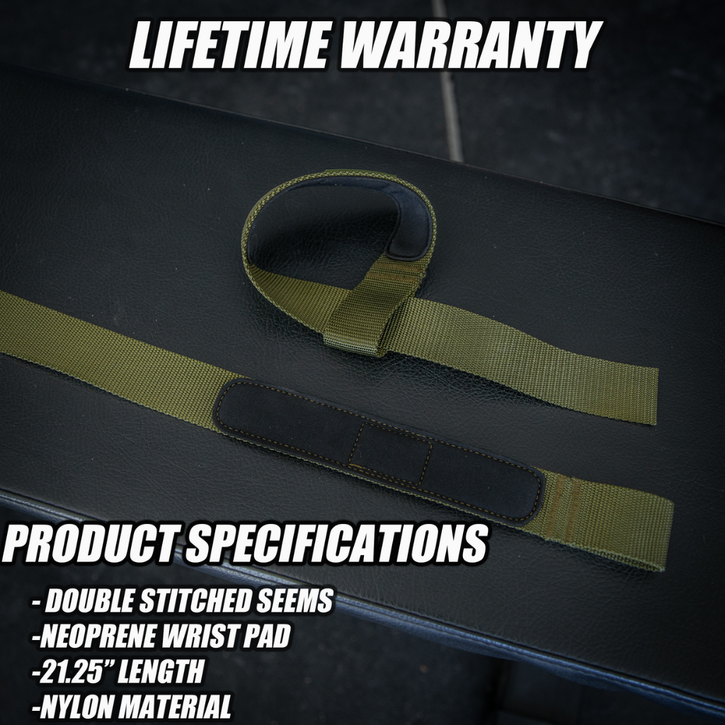 Iron Infidel lifting straps for weightlifting, showing black nylon straps with reinforced stitching and metal buckle closures.