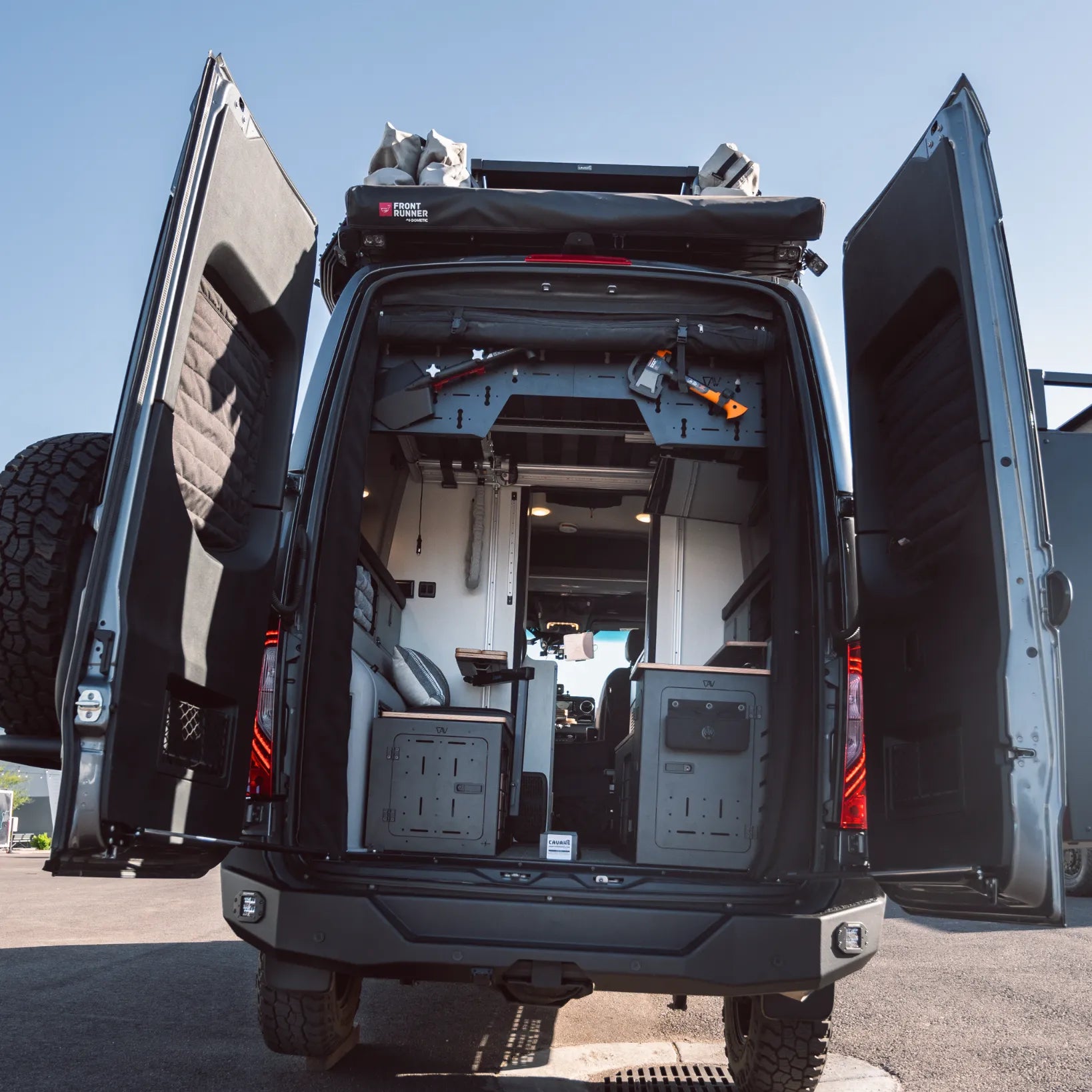 Canyon Adventure Vans CAV branded upper gear panel for 2021-2024 Revel camper van interior, shown in the image.