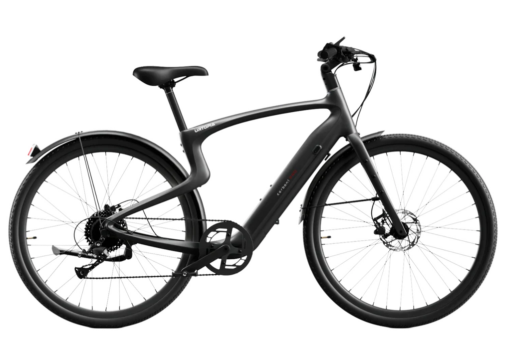 Urtopia Carbon Classic e-bike by Rex E-Bikes, showing sleek black frame, battery pack, and mountain bike tires.