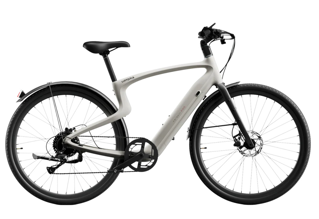 Urtopia Carbon Classic e-bike by Rex E-Bikes, showing the sleek black frame, handlebars, and modern design of the electric bicycle.