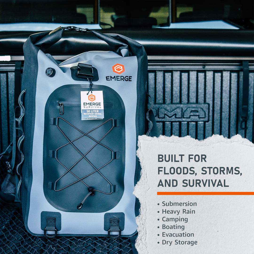 Emerge Survival 50L Dry Bag The Ghost in black, showing waterproof sealed roll-top closure and durable outdoor material.