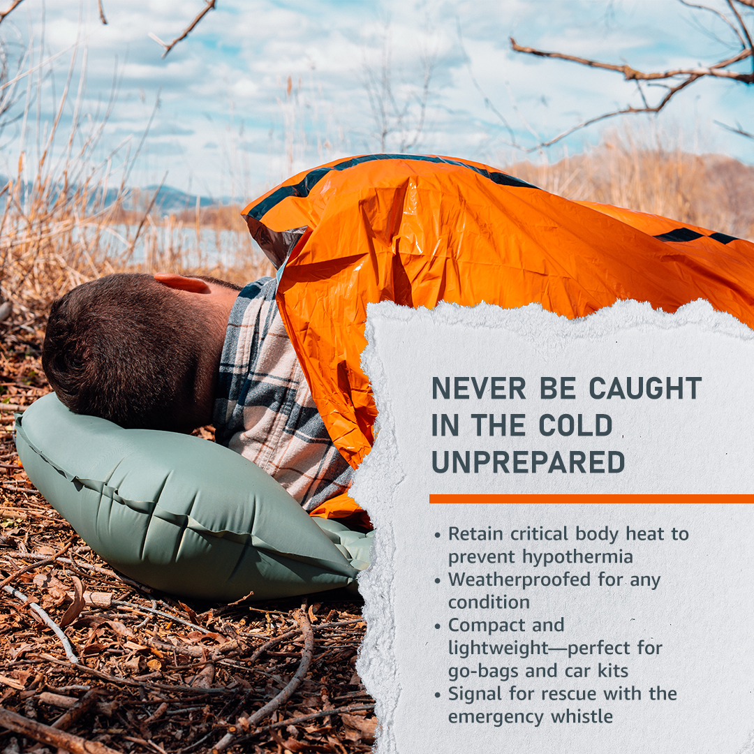 Emerge Survival emergency sleeping bag made of lightweight Mylar material, compact and reflective for warmth and survival.