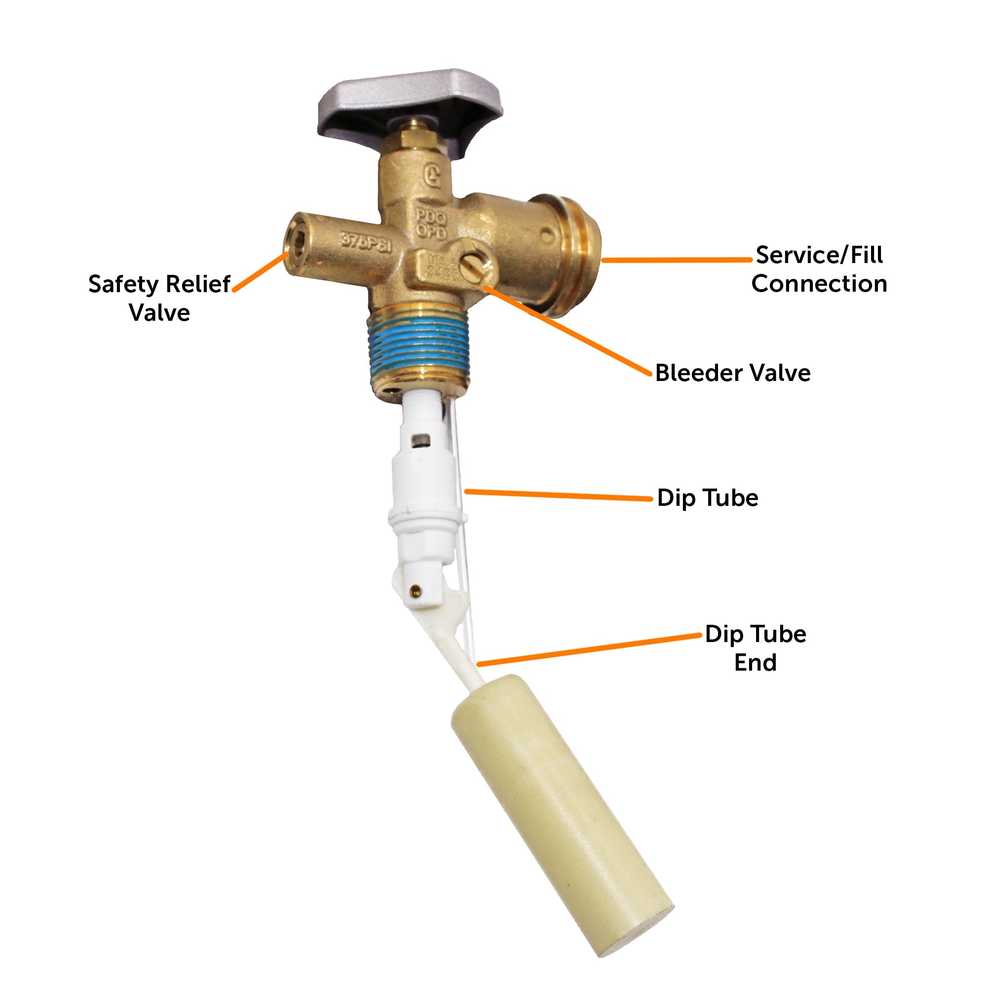 Flame King 10lb OPD valve for propane accessories, showcasing the valve's design and connection point.