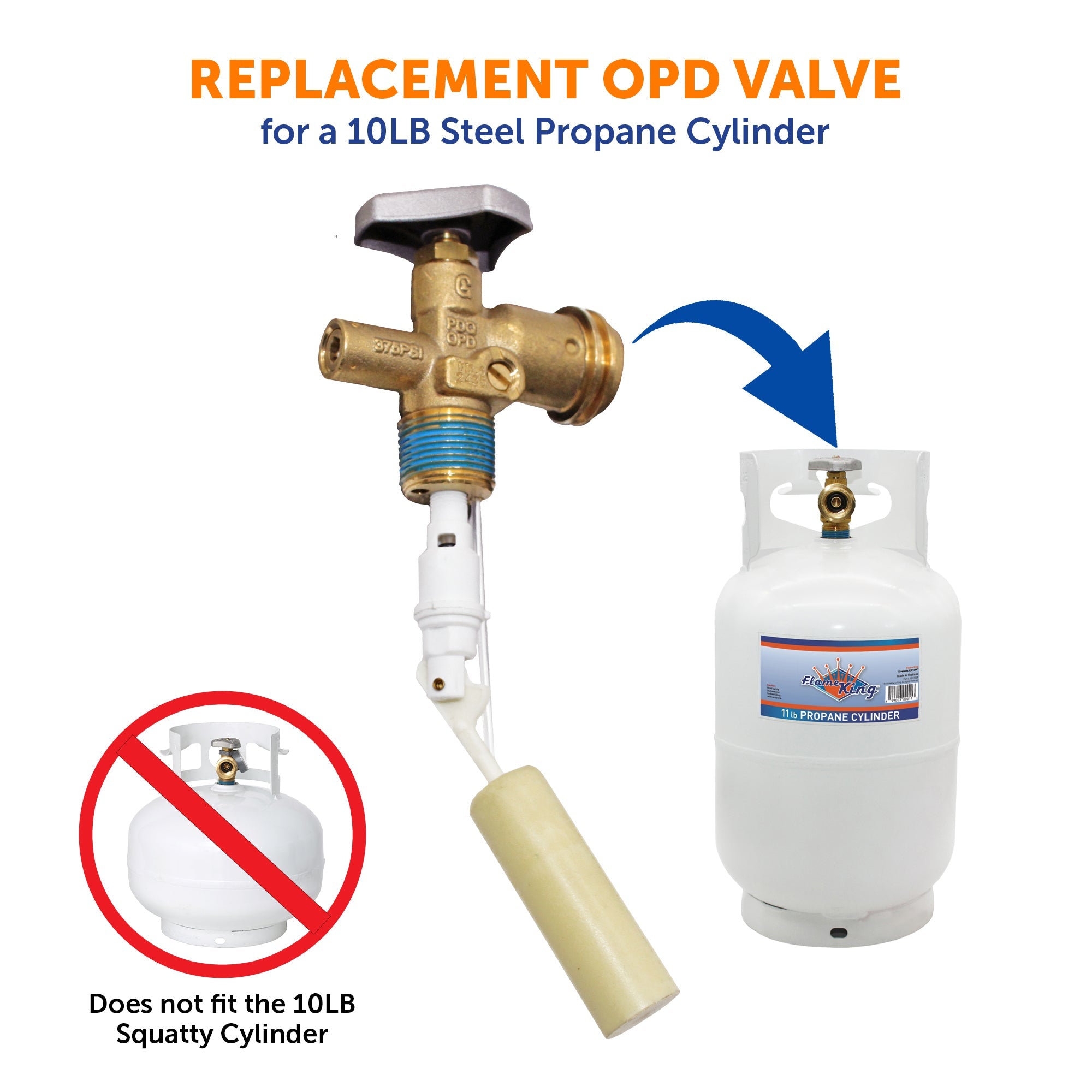 Flame King 10lb OPD valve for propane tanks, featuring a durable design and safety features for reliable use.
