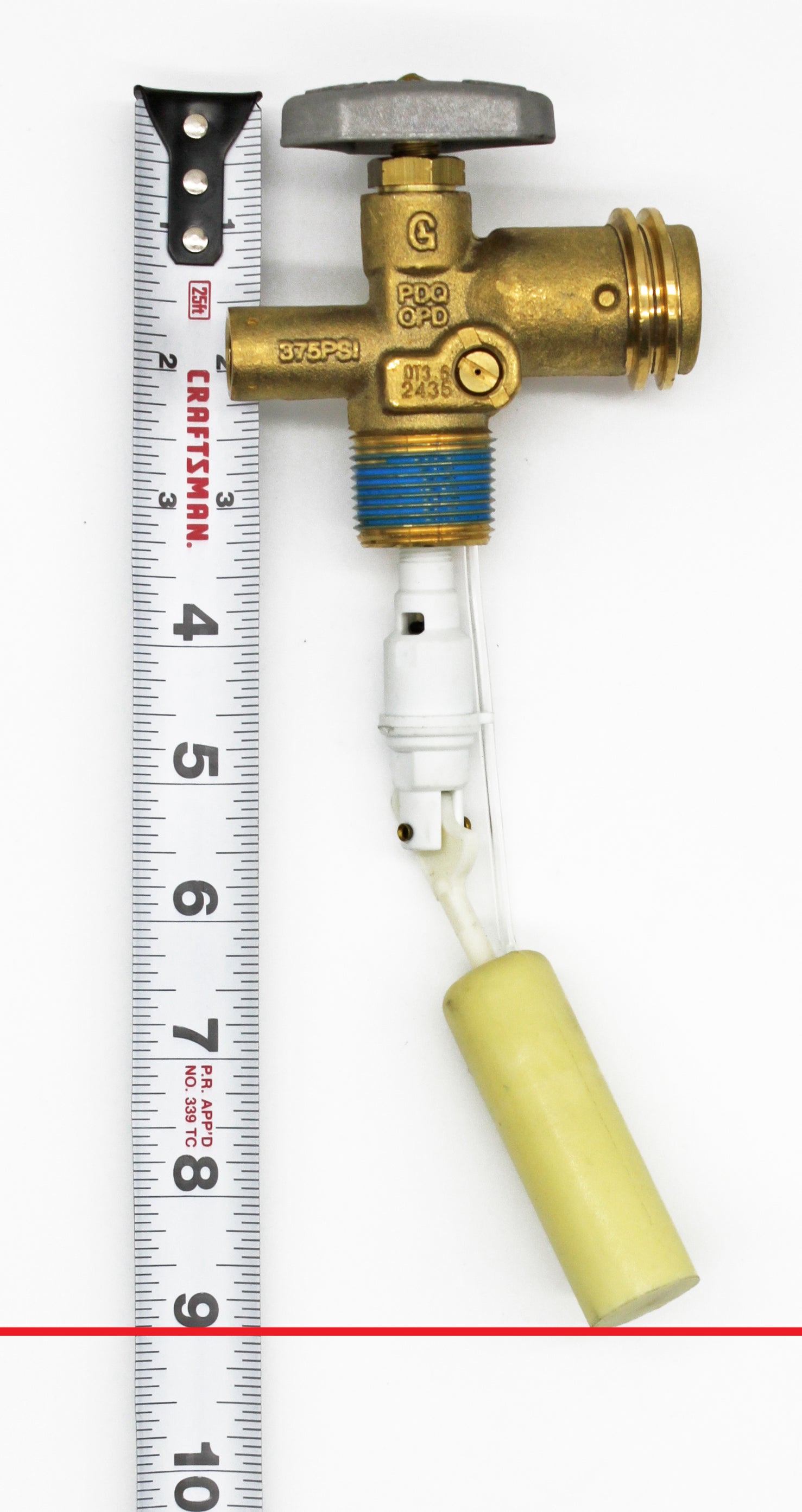 Flame King 10lb OPD valve for propane accessories, showcasing the durable design and safety features of the product.