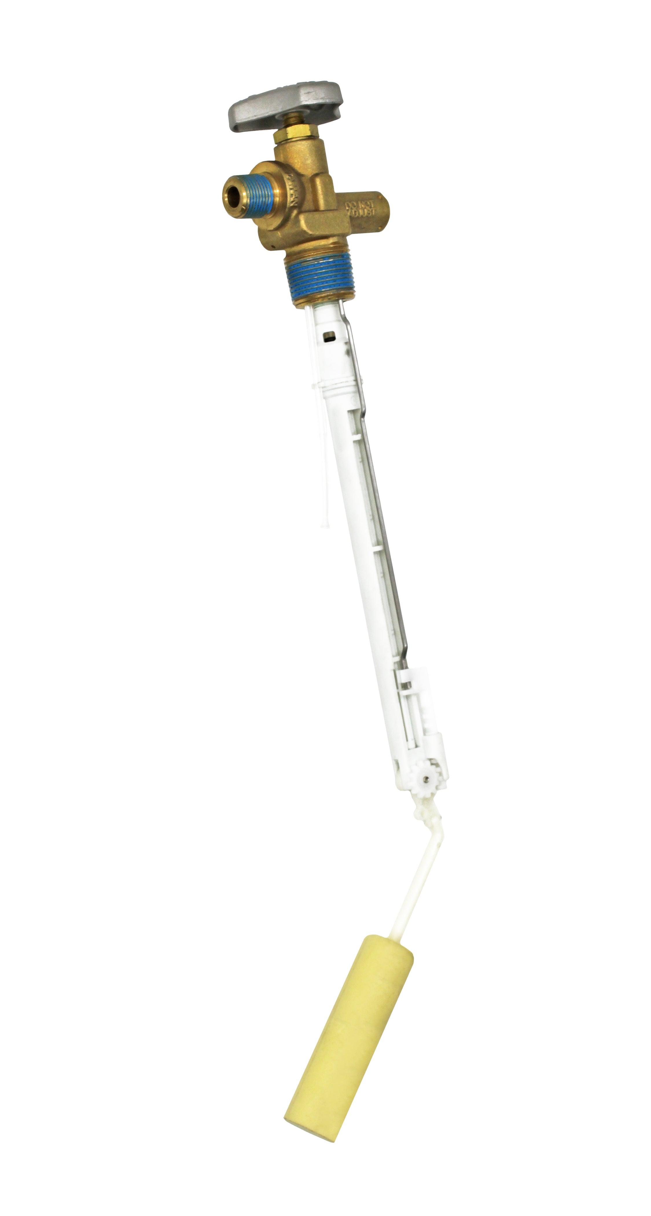 Flame King overfill protection valve for 20lb propane tanks, showing the safety valve component on a propane buffer tank.