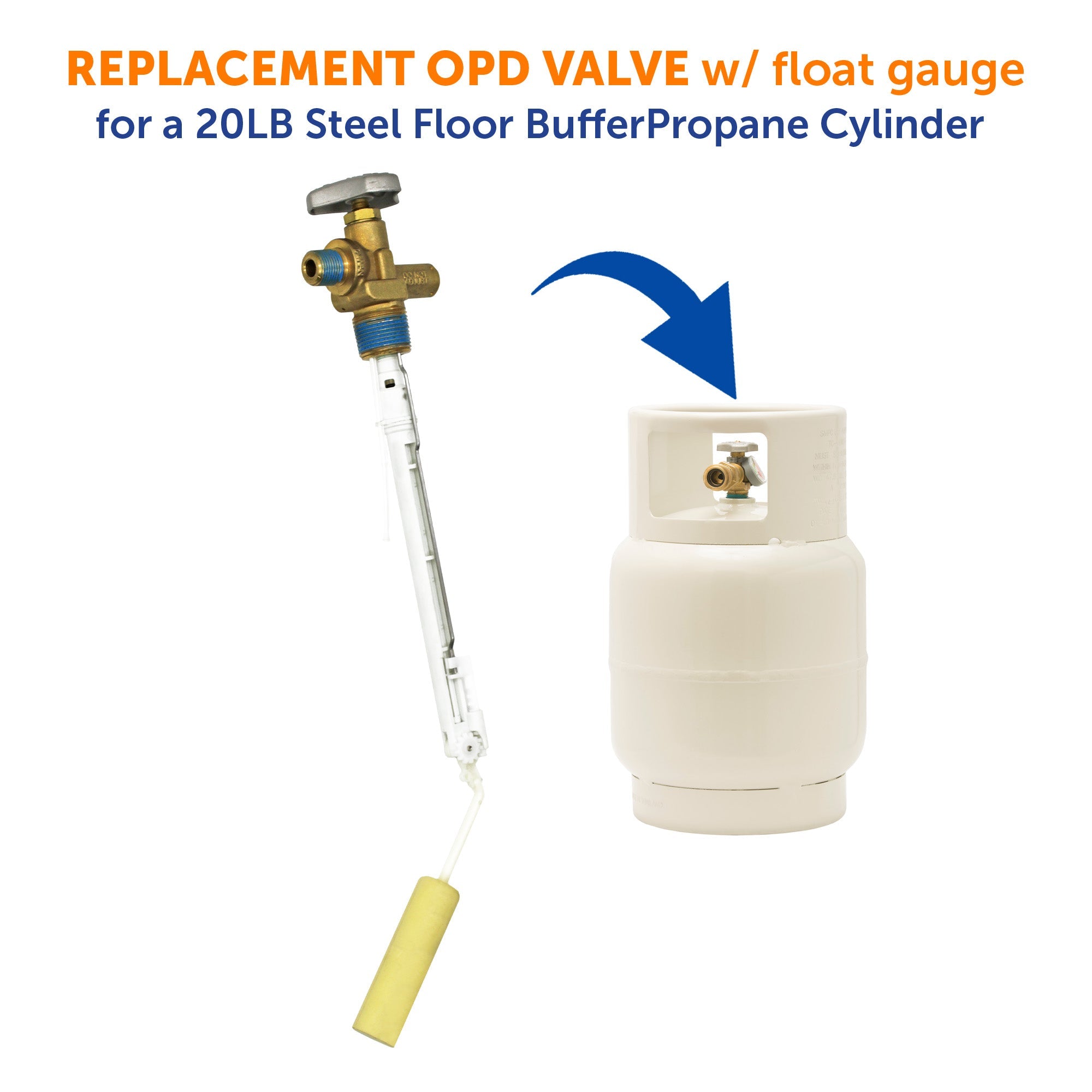 Flame King overfill protection valve for 20lb propane tank, safety accessory for propane storage and filling.