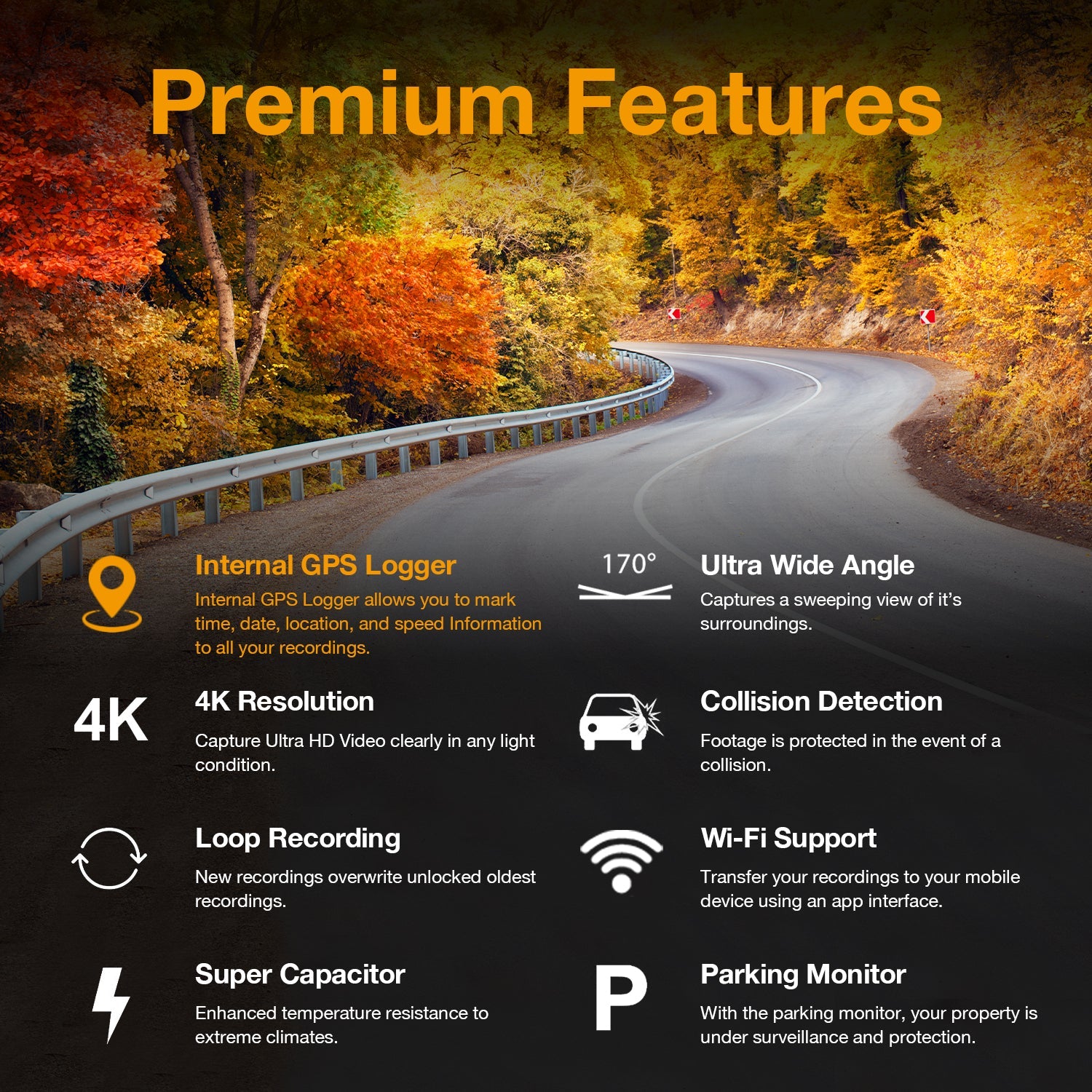 Rexing V1-4K Ultra HD dash cam with built-in GPS, Wi-Fi, and CPL filter mounted on a car windshield.