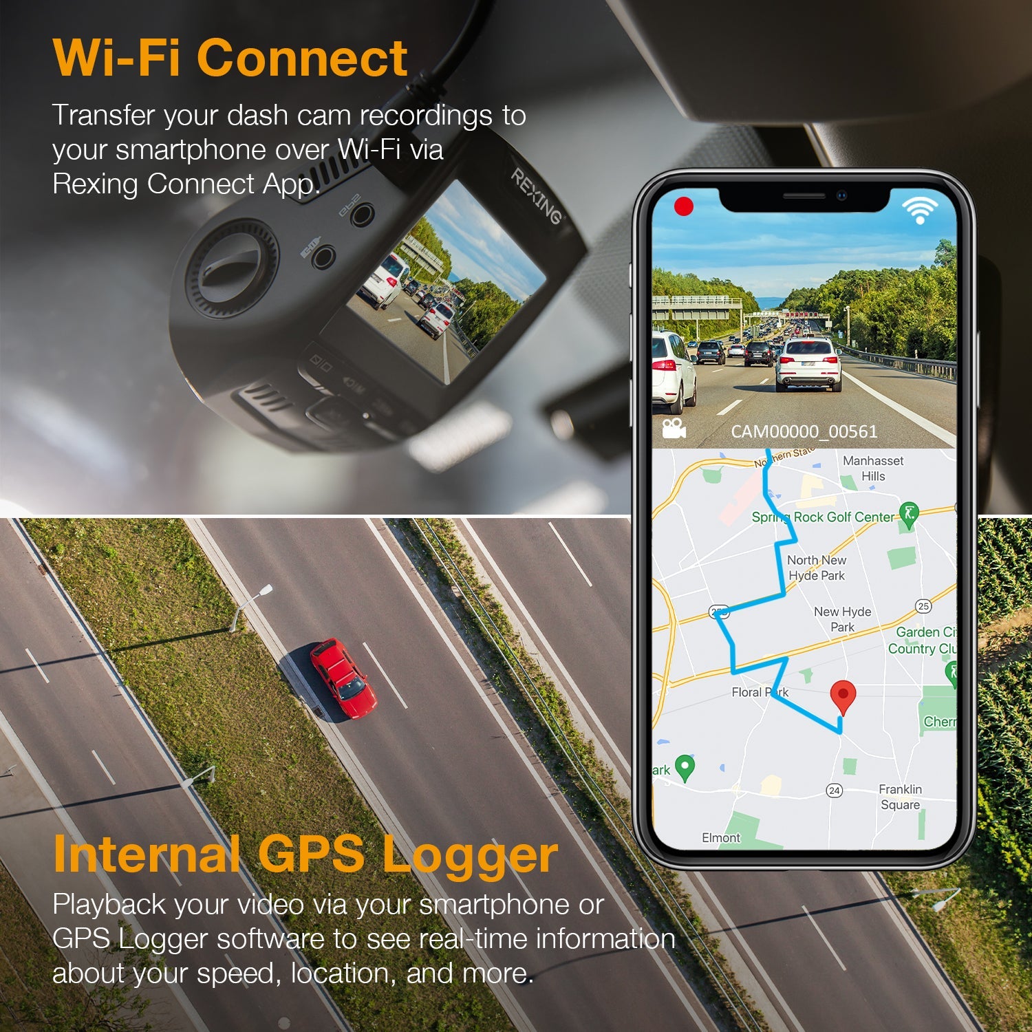 Rexing V1-4K Ultra HD car dash cam with built-in GPS logger, Wi-Fi, and CPL filter visible on dashboard.