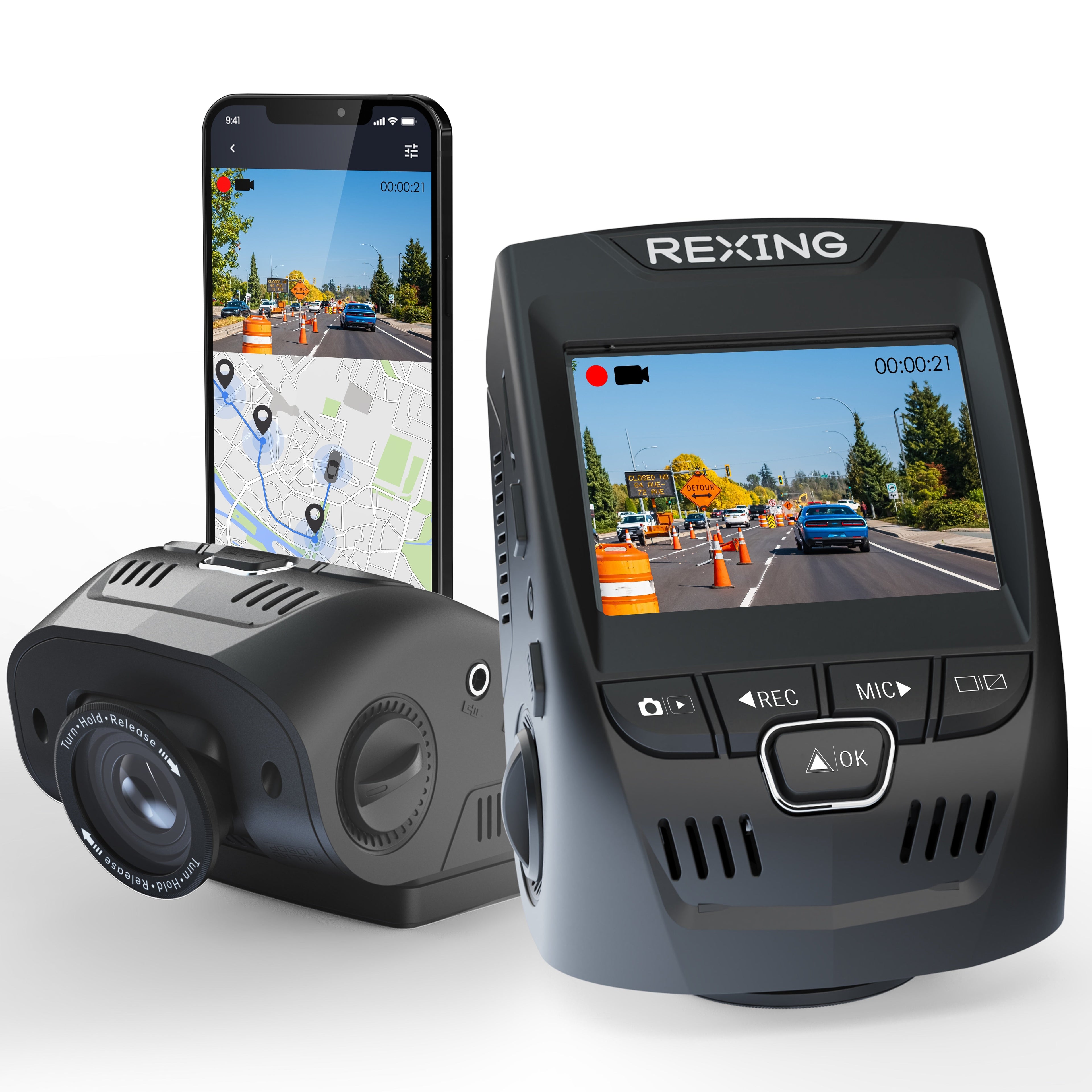 Rexing V1-4K Ultra HD car dash cam with built-in GPS, Wi-Fi, CPL filter, mounted on vehicle dashboard showing camera lens